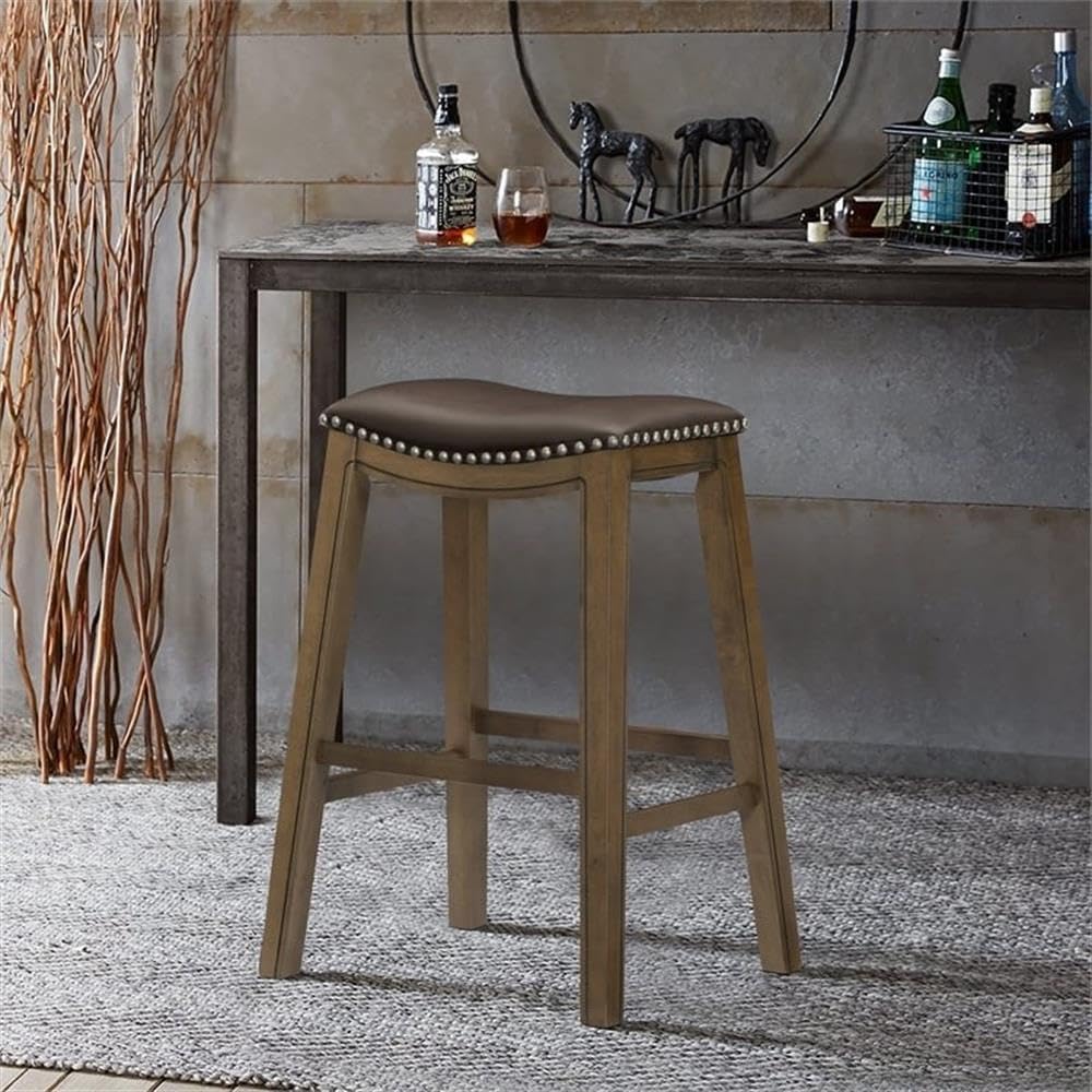 Pemberly Row 29" Wood Saddle Stool for Bar Table, Counter Height Backless Chair with Faux Leather Seat for Small Spaces, Farmhouse Pub Stool for Kitchen, Dark Brown