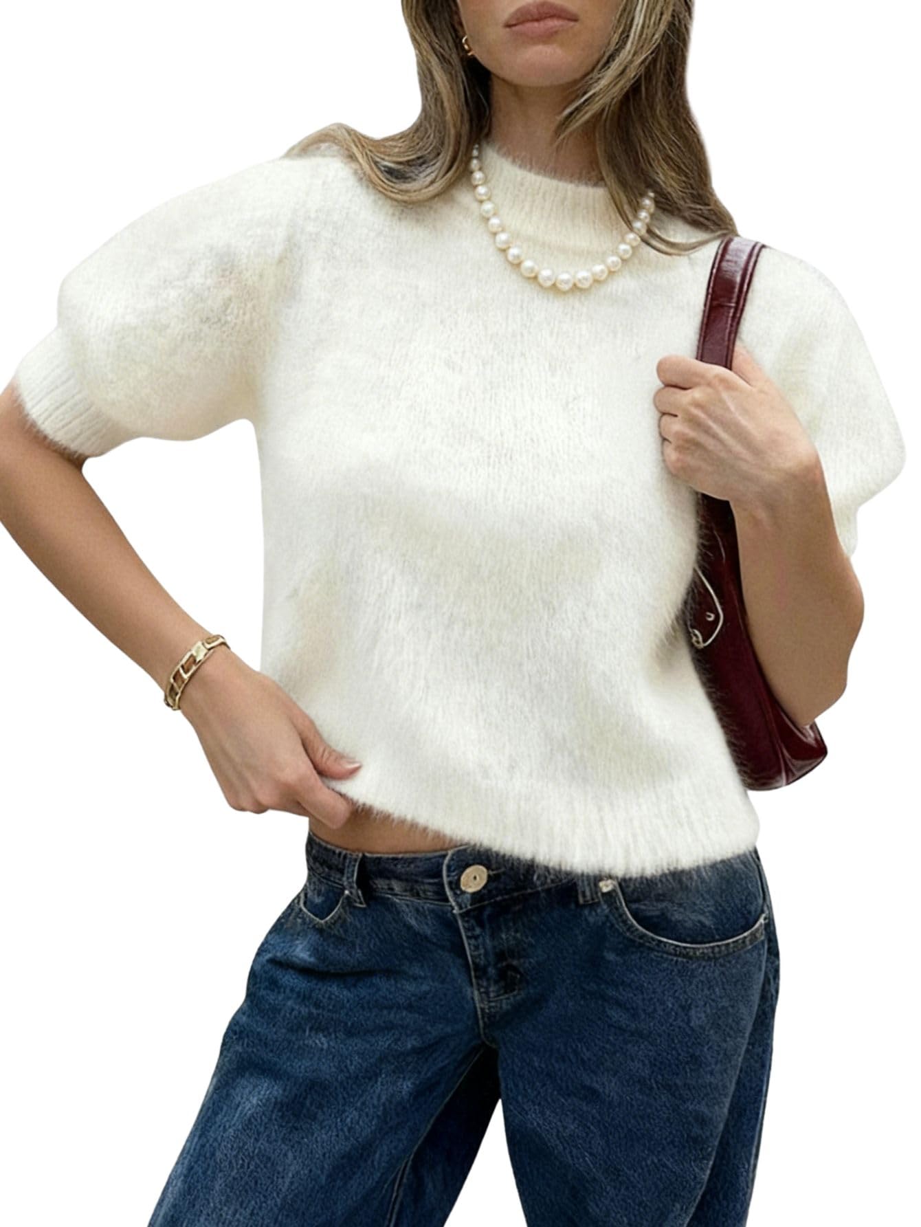 Verdusa Womens Furry Fuzzy Sweater Puff Short Sleeve Pullover Knit Sweater Cropped Sweaters