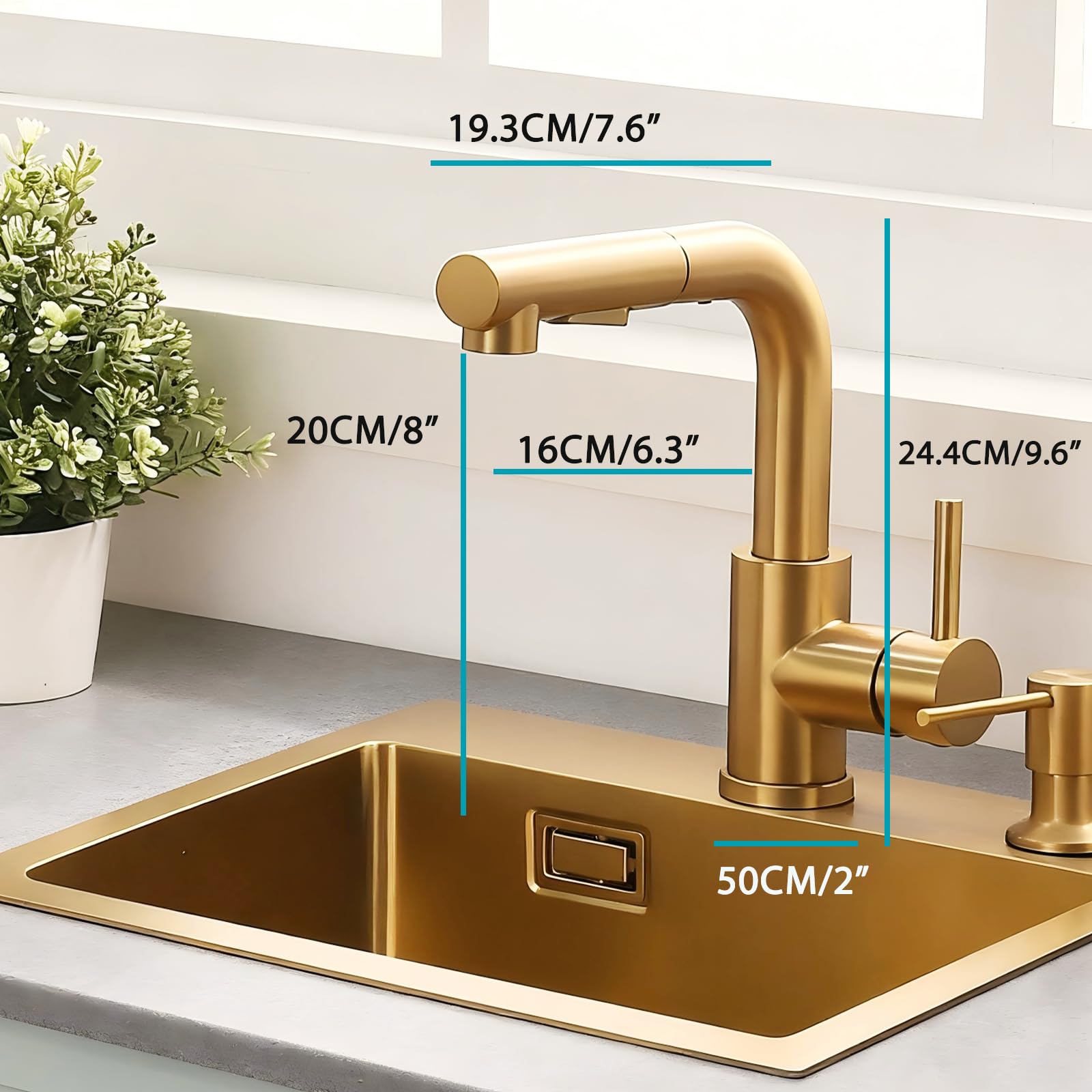 55 x 45 cm Or Evier Cuisine Inox 1 Bac avec Robinet de Cuisine Extractible, Petit Evier de Cuisine sous Plan/sur Plan avec Distributeur de Savon