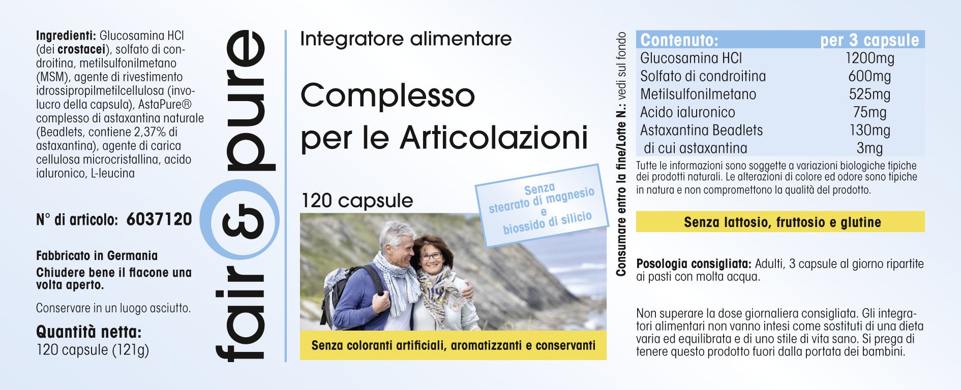 Fair & Pure® - Glucosamina Complex - Glucosamina e condroitina + MSM e Astaxantina - Complesso articolare - 120 Capsule