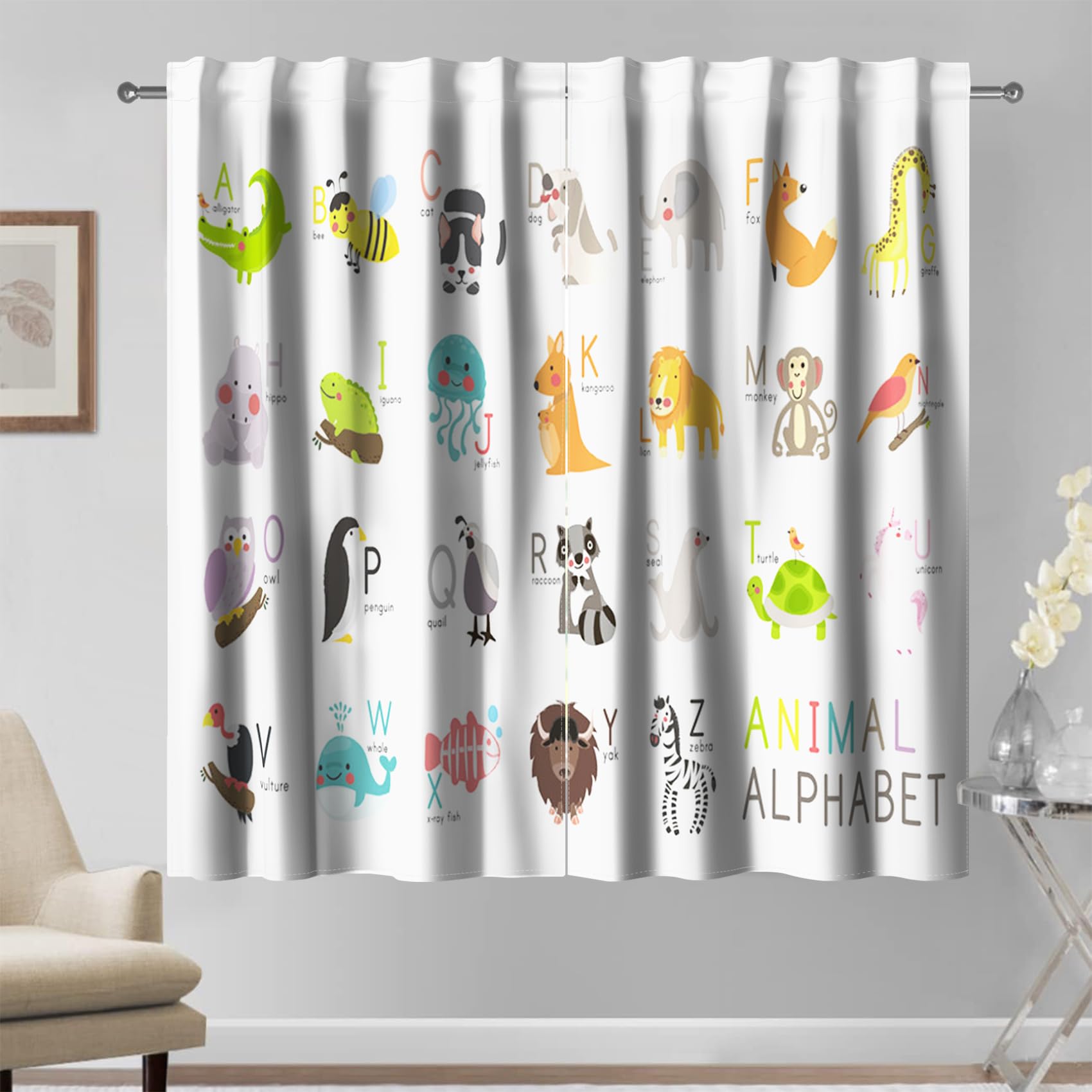 Kzzfqxb 107x215cm Kids Curtains 2 Panels, ABC Learning 26 English Animal Uppercase Letters Window Drapes, Lovely Children Enlightenment Cartoon Decor for Girls Boys Baby Bedroom Nursery