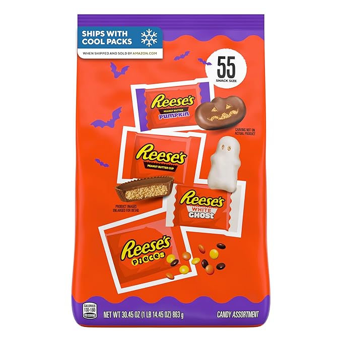 REESE'S Assorted Flavored Snack Size Peanut Butter Halloween Candy Bag, 55 Pieces (30.45 oz)