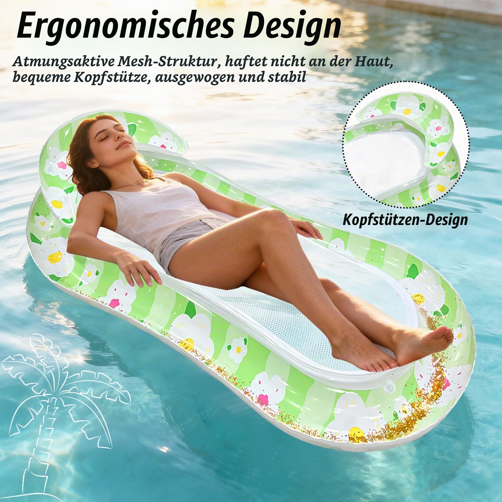 WasserhäNgematte mit Netz, Fancysky Wasser HäNgematte, Tragbar und Langlebig, Poolliege, Geeignet zum Fotografieren, Schwimmbad, Party, Schwimmmatte Netz, Pool Luftmatratze (Grüne Blüten) Spielzeug