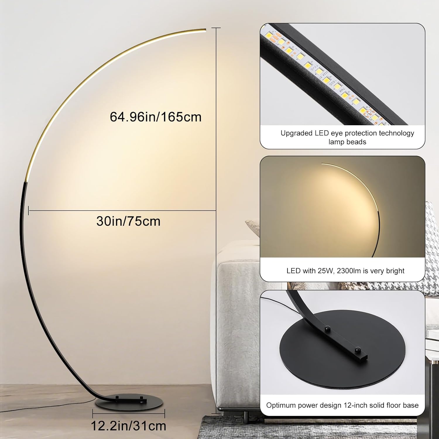 POWROL Arc Floor Lamp, 65" Tall Standing Modern LED Floor Lamps for Living Room, 3000K-6500K Dimmable with Remote, Night Mode, Arched Reading Corner Floor Lamp for Bedroom Office