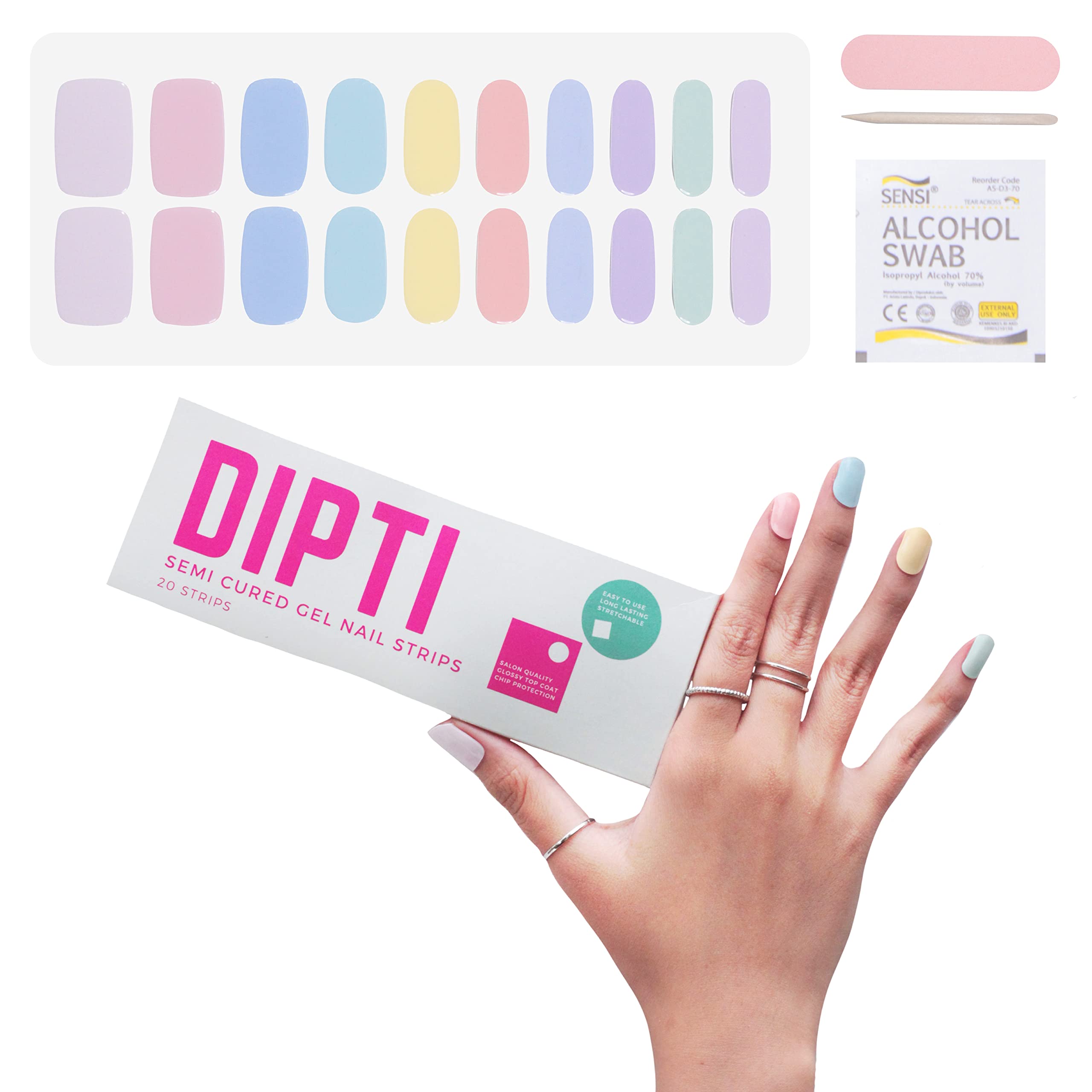 DIPTI Semi Cured Gel Nail Polish Sticker Set - Quick & Easy Salon-Quality Manicures! Works with any UV Lamp, long-lasting - includes: 20 stickers, nail file, prep pad, & cuticle stick (Matching Solids) (Pretty Pastels)