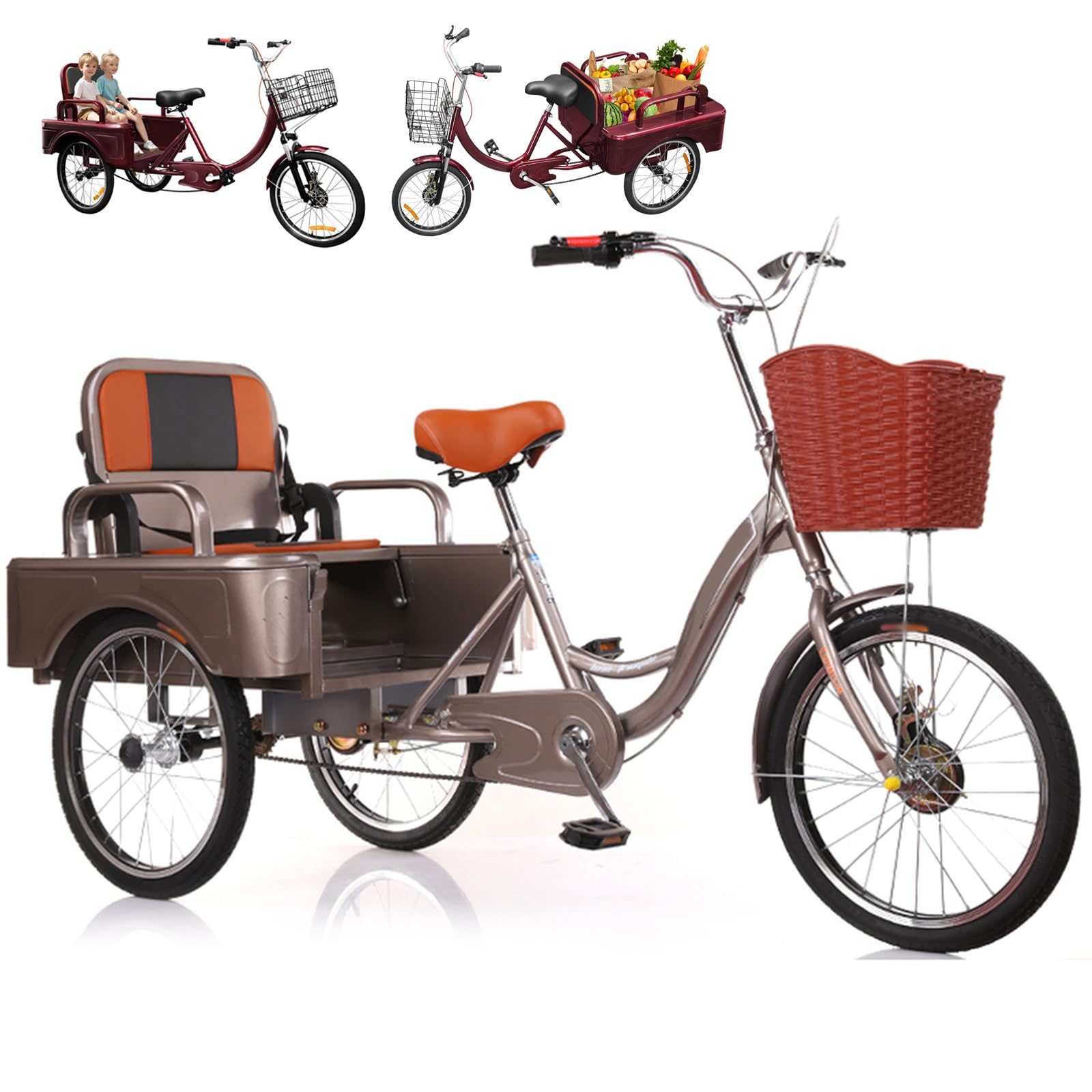 Triciclo elettrico per anziani e adulti, 3 ruote, telaio ribassato, 50 cm, per uomo e donna, con cestino anteriore e portapacchi.