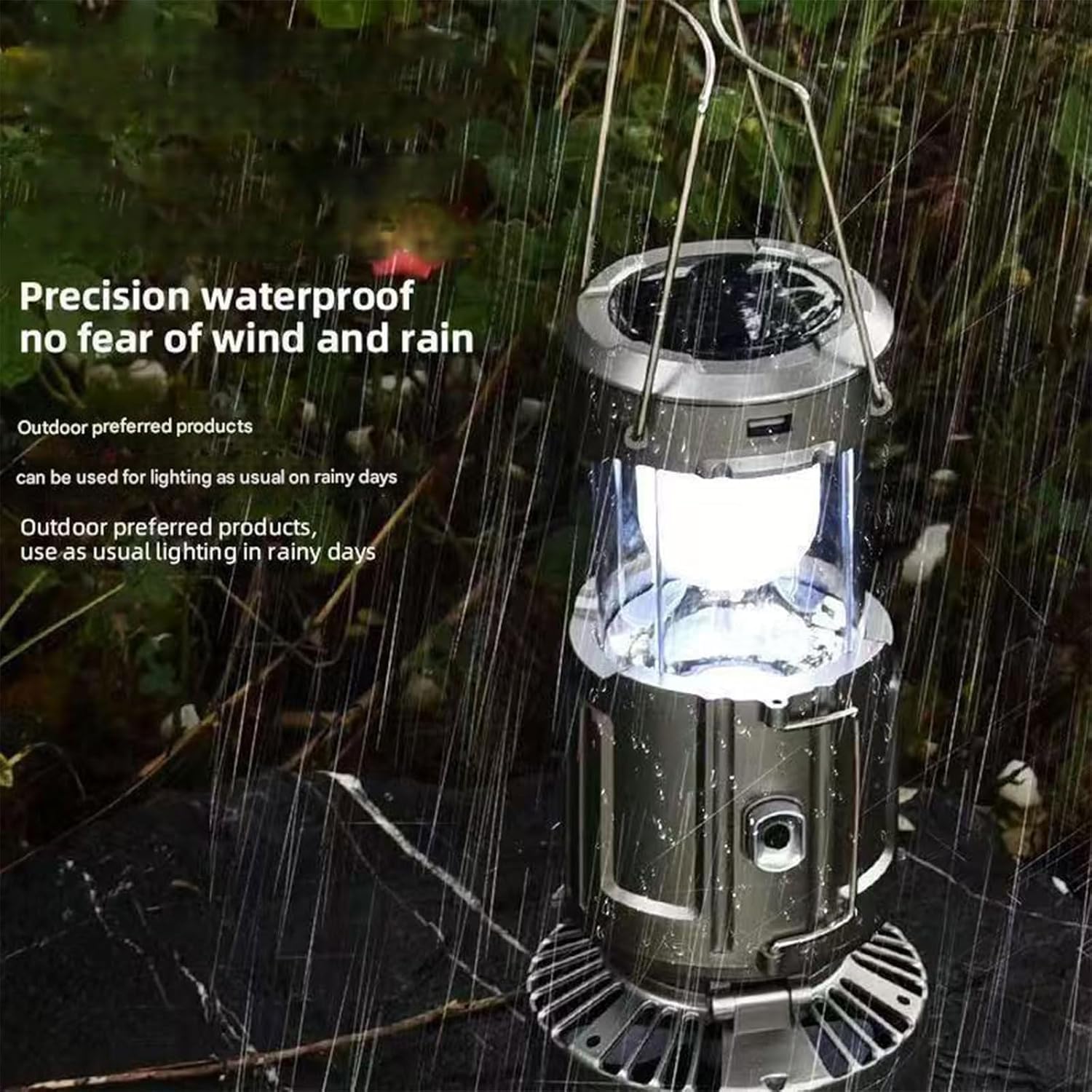 Linterna de camping, linterna LED portátil 5 en 1 con ventilador, plegable, funciona con energía solar, recargable por USB, luces colgantes de emergencia para tienda de campaña, senderismo (2