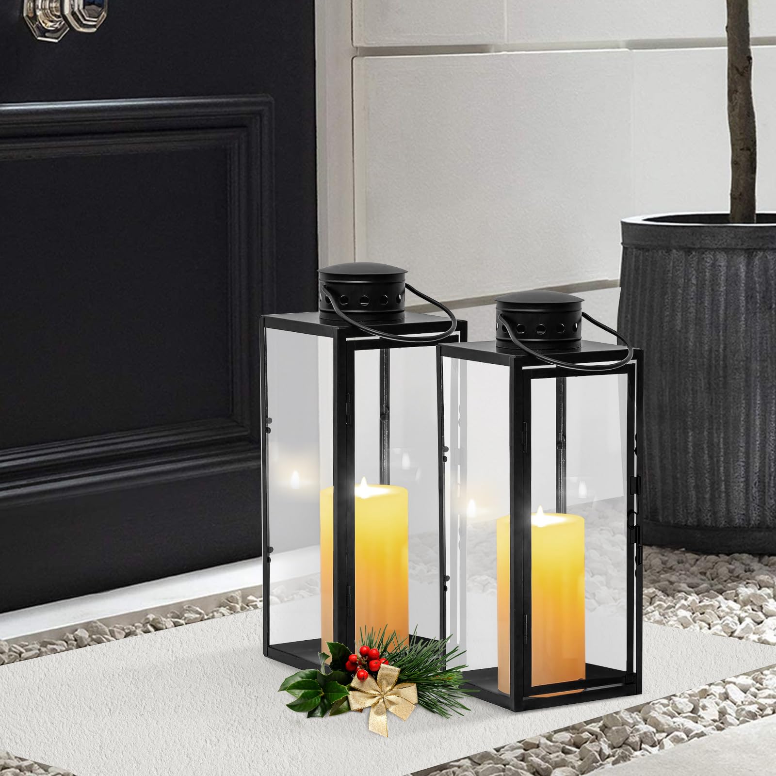 Lot de 2 Lanternes pour Bougies (24 + 35 cm de Haut) - Lanternes de Jardin en métal pour l'extérieur - Grand photophore - Lanterne funéraire - Lanterne en Verre - Décoration de Noël - Noir