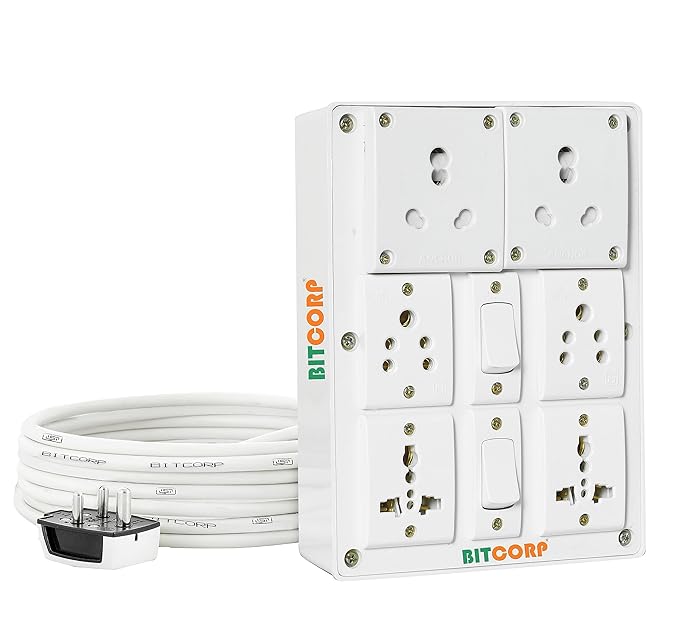 Bitcorp Extension Board Heavy Duty Junction Box 6A 16A 20A 6 Way Socket 2 Switch (2500) Load Capacity High Voltage with Thermal Protection Surge Control 2 Meter Long Cable Cord (White) at Rs. 1459