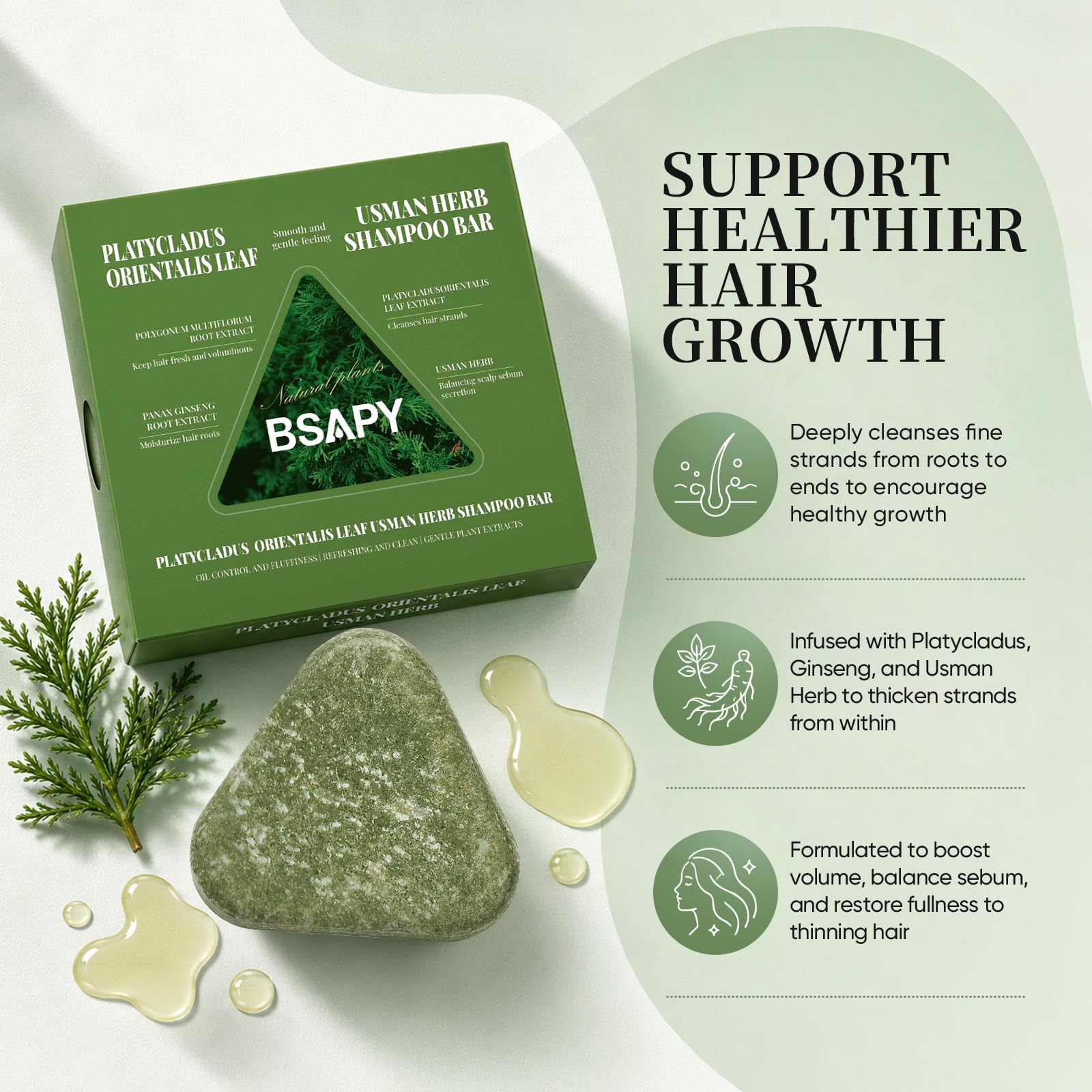 BSAPY Anti Hair Loss Shampoo Bar with Herbal Botanicals, 120g x 2
