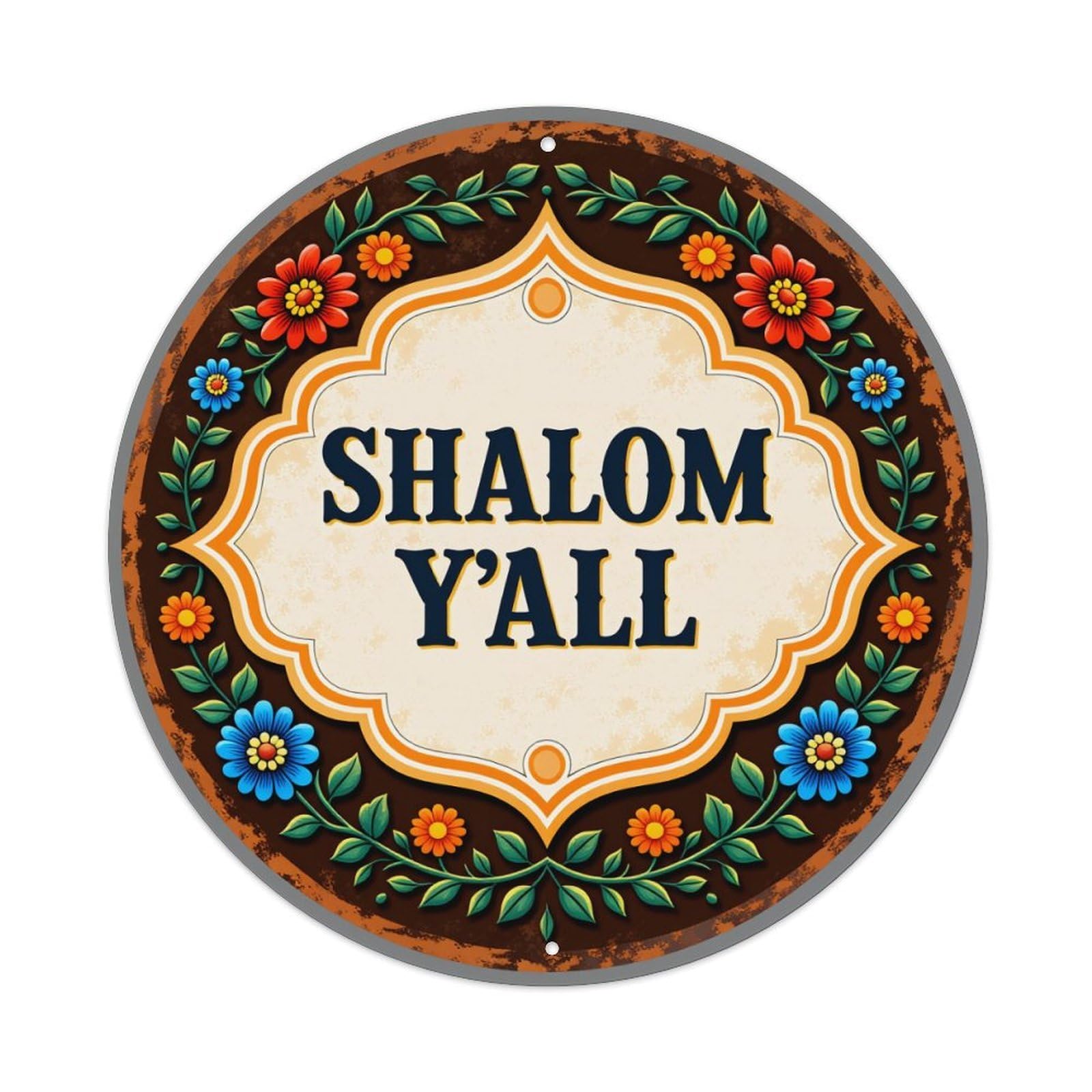 Floral Border With Shalom Y'all Text Round Tin Sign Vintage Style Metal Sign Home Bar Garden Wall Plaque Decor Metal Poster 8x8 Inch