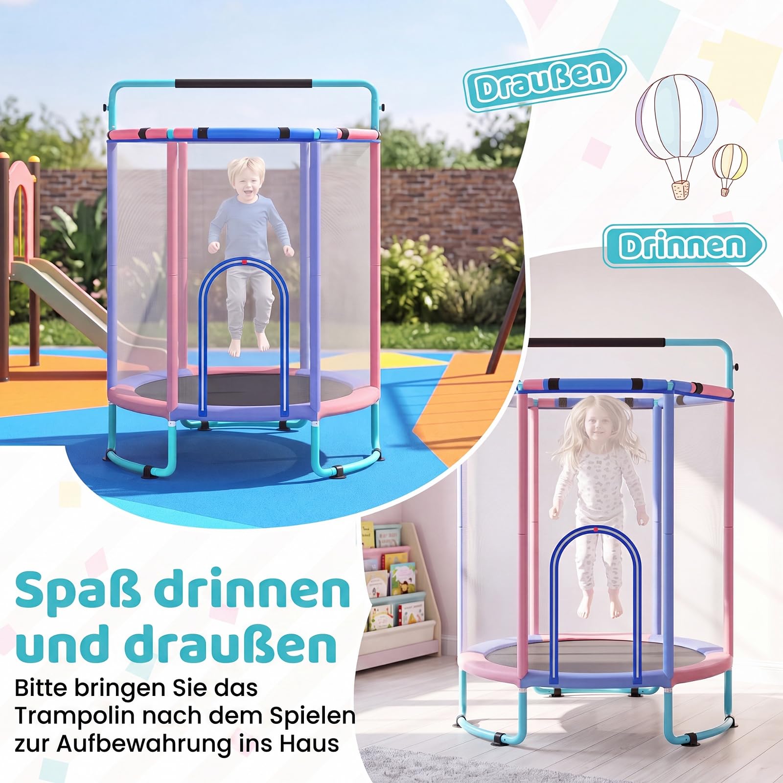COSTWAY Trampolina dziecięca 6 w 1 z siatką zabezpieczającą | Trampolina dla dzieci z huśtawką, koszem do koszykówki, drążkiem gimnastycznym, tarczą do gry w darta, sztabką