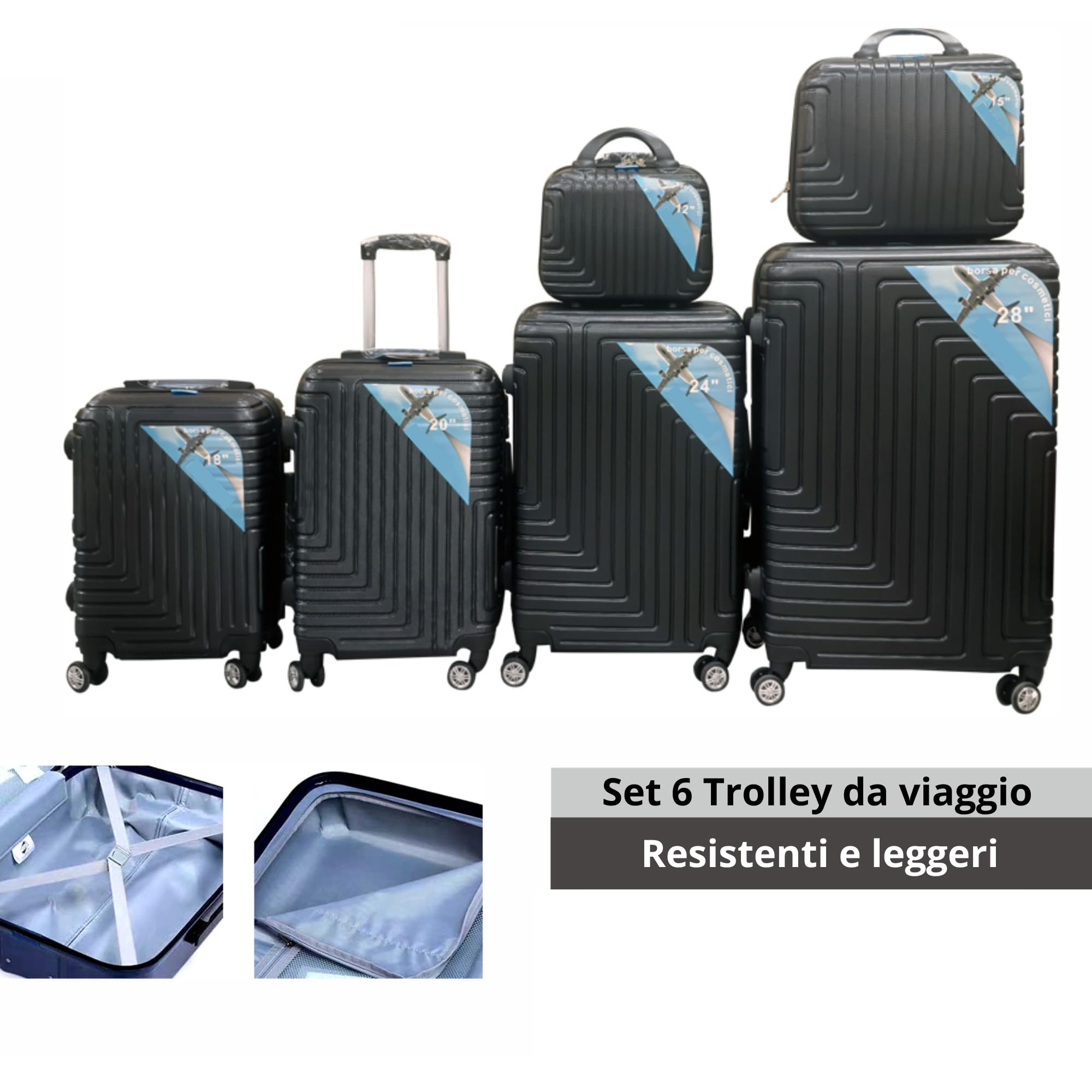 Set di 6 valigie con 4 trolley rigidi a ruote doppie + 2 beauty case, antigraffio antiurto lacci interni tasche con zip valigie da viaggio resistenti leggere da 39 a 55 cm nere eleganti