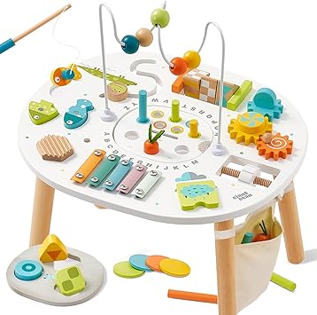 Giant bean Wooden Activity Table for 1 Year Old, 11-in-1 Montessori Learning Table with Bead Maze, Shape Sorter, Fishing Game & More Sensory Development Toy for Toddlers, Ideal 1st Birthday Gift