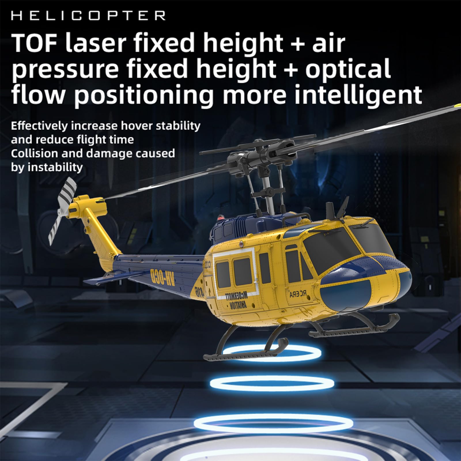 RC ERA C032 UH-1 Huey Elicottero telecomandato per adulti, 1/48 Sacle 2.4G 6CH Gyro Stabilized Aircraft with Altitude Hold & Optical Flow,3D Stunt Drone (giallo)