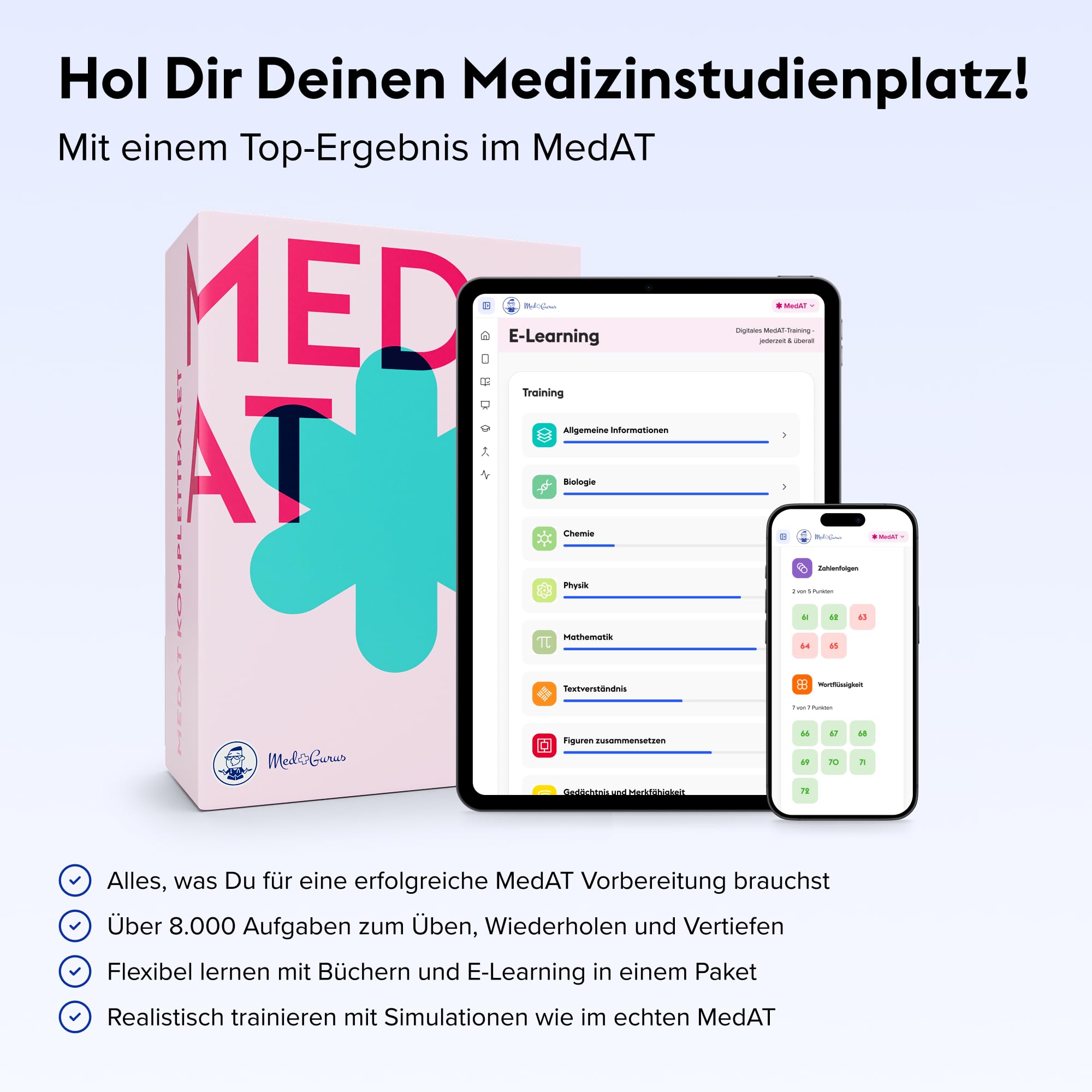 MedGurus - MedAT – Komplettpaket zur Vorbereitung auf den Medizinertest MedAT für das Medizinstudium in Österreich – Buchreihe & E-Learning mit über 8.000 Übungsaufgaben und MedAT Testsimulation