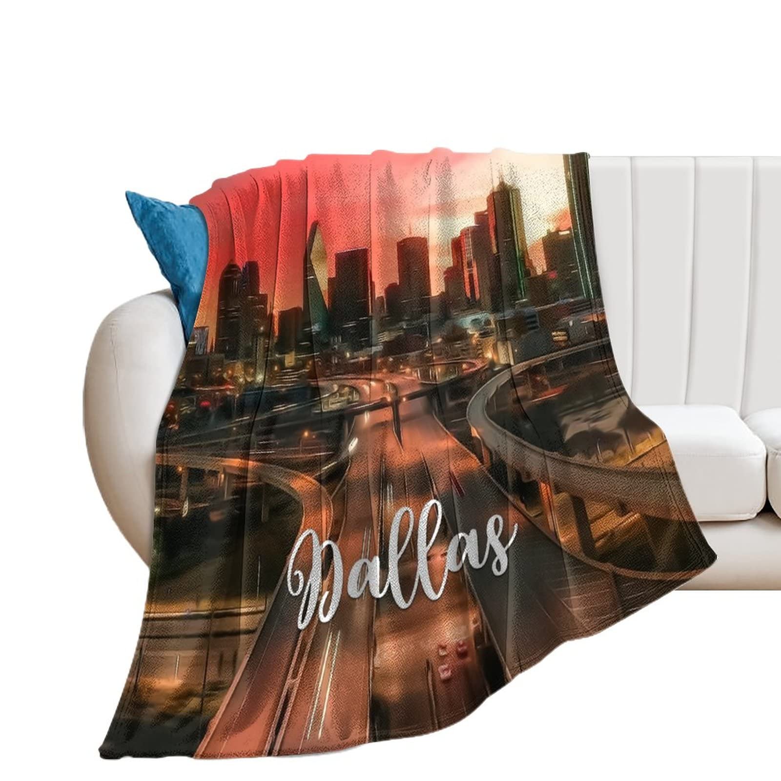 Couverture flanelle Dallas 152x203 cm plaid doux motif paysage de ville pour canapé