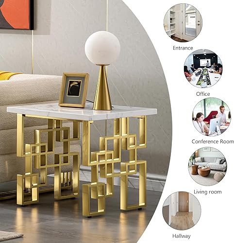 Miniatura 5 de AUZ Mesa auxiliar dorada, moderna mesa auxiliar cuadrada para sala de estar con parte superior blanca y base geométrica de metal dorado espejado