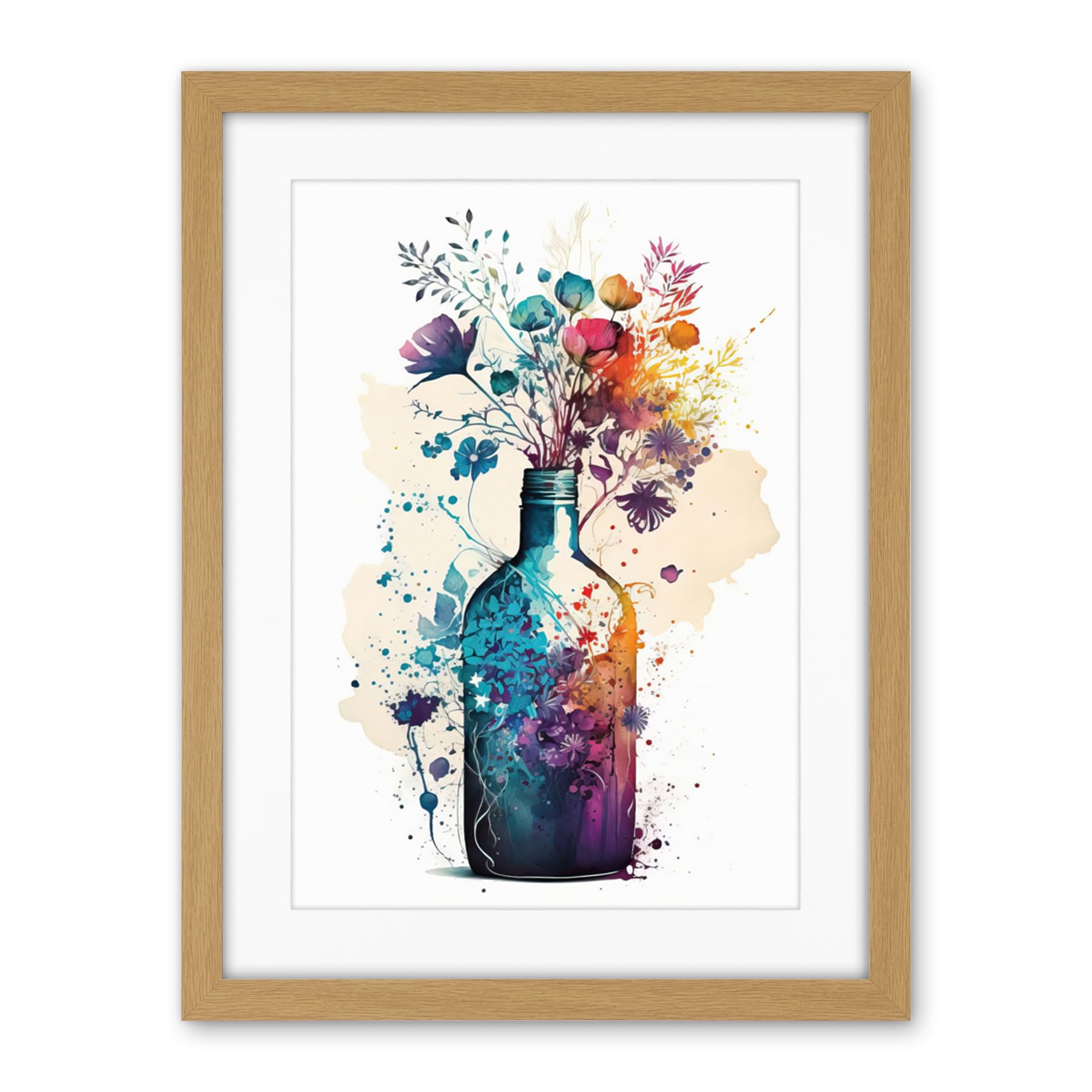 Artery8 Wildflower Spring Bouquet in Glass Wine Bottle Artwork Framed Wall Art Print 18X24 Inch
