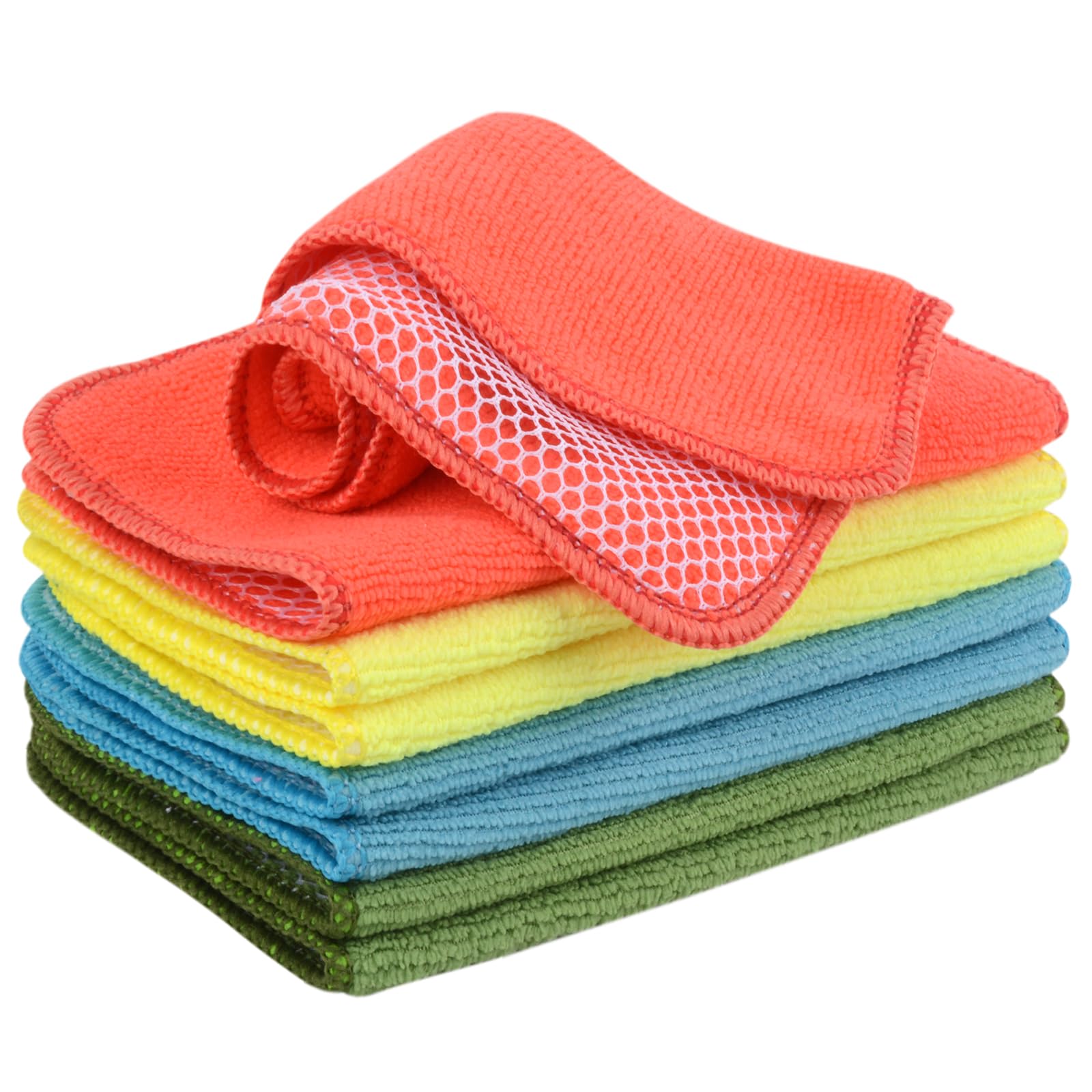 VIVOTE Microfiber Cleaning Cloths Washable with Polyester Mesh Scrubbing Edge Dishcloths Kitchen Household Wipes,8pcs,20cmx20cm (Green+Lake Blue+Yellow+Red)