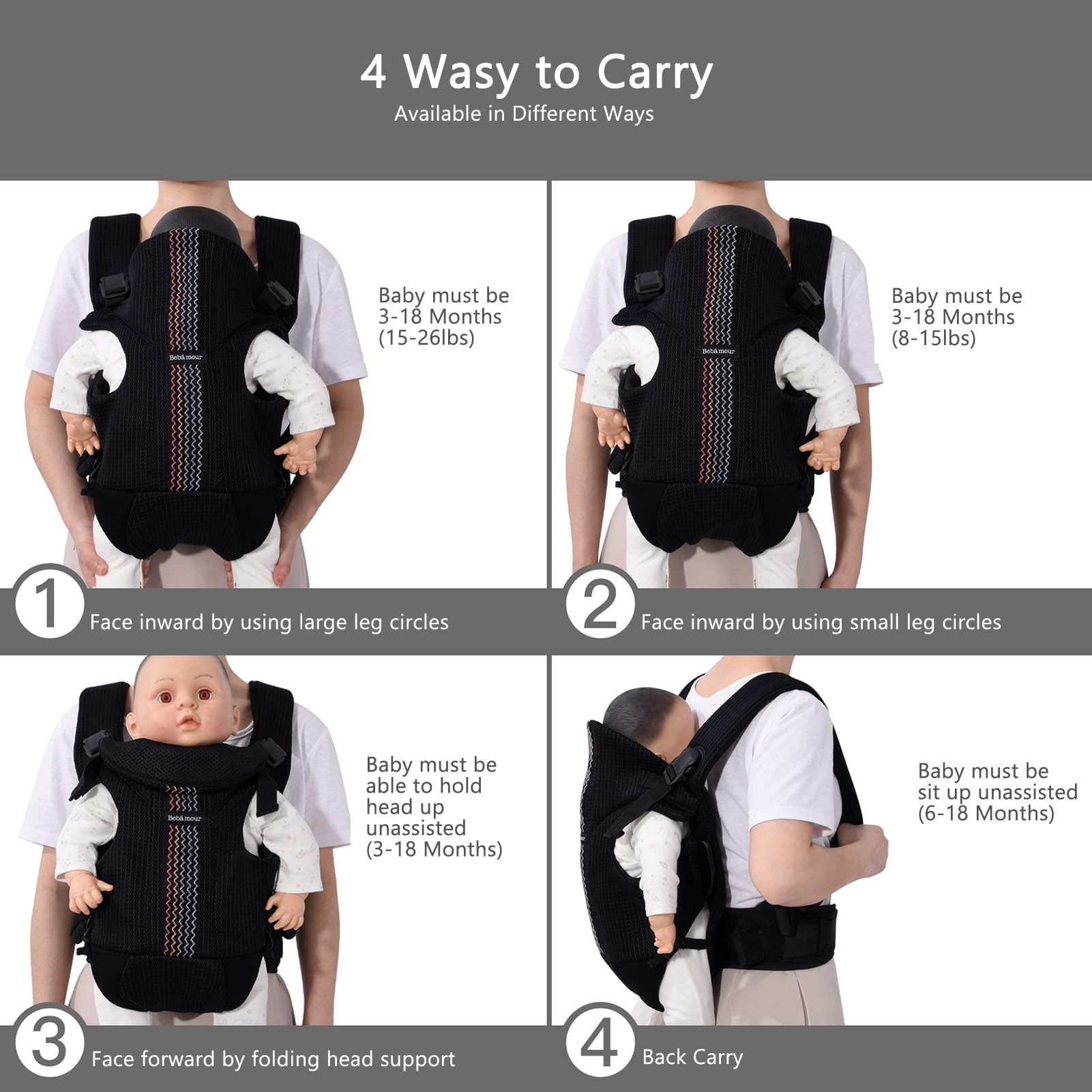 Bebamour baby-carrier, anteriore e posteriore, con 2 bib della spalla,Black Pro