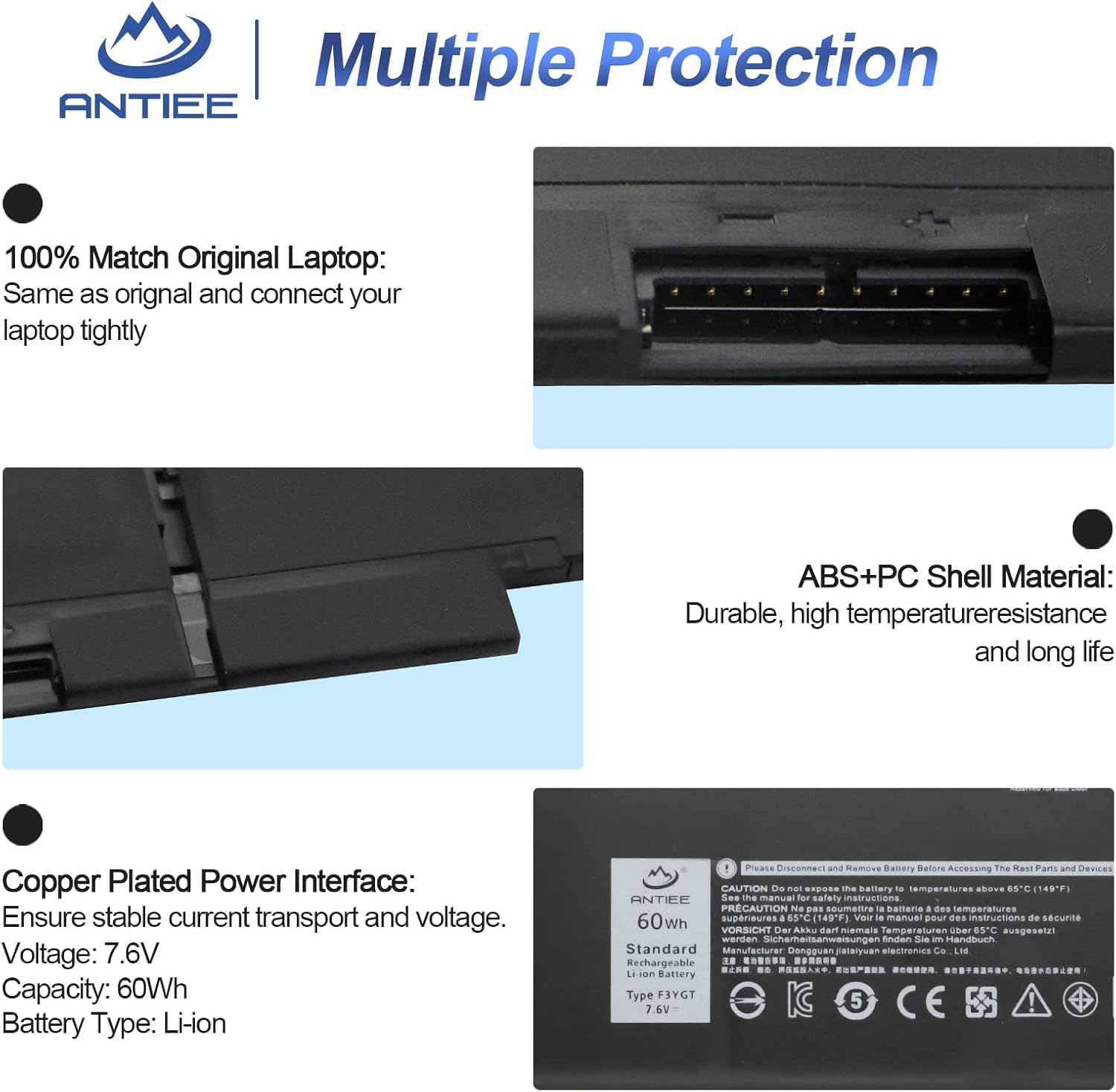ANTIEE F3YGT Laptop Batería para DELL Latitude 12 7000 7280 7290 Latitude 7380 7390 7480 7490 E7480 E7280 Notebook 0F3YGT DM3WC DM6WC 0DM3WC 2X39G KG7VF V4940 451-BBYE 7.6V 60Wh