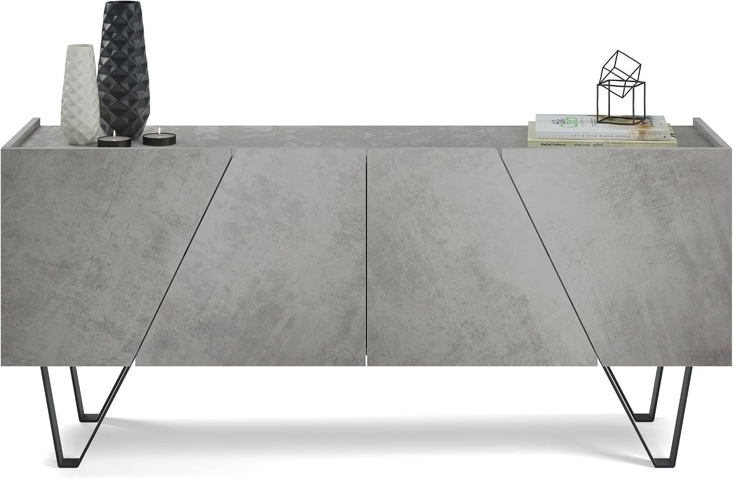 Mobili Fiver, Emma 4-Door Sideboard with Black Legs, Concrete Effect, Grey, Made in Italy