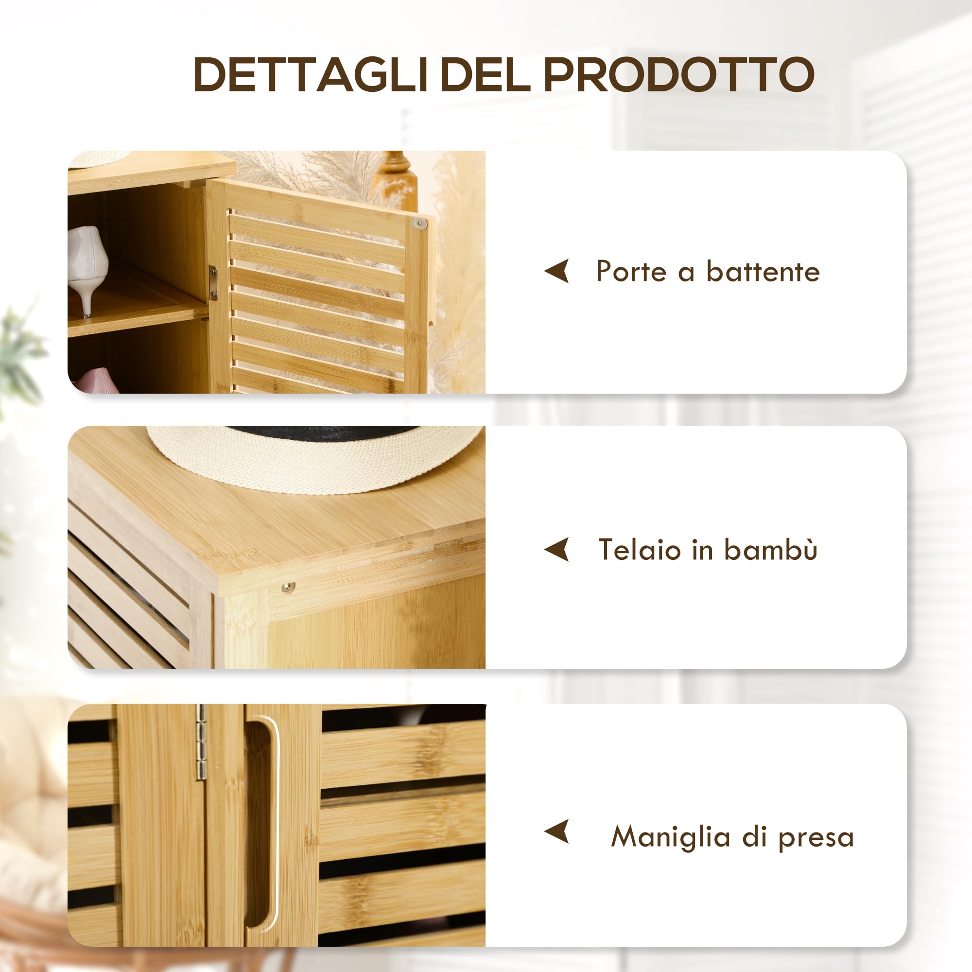 HOMCOM Scarpiera a 8 Ripiani su 3 Livelli con Maniglie, Mobile Scarpiera in Bambù per Soggiorno e Ingresso, 100x35x80 cm, Colore Legno