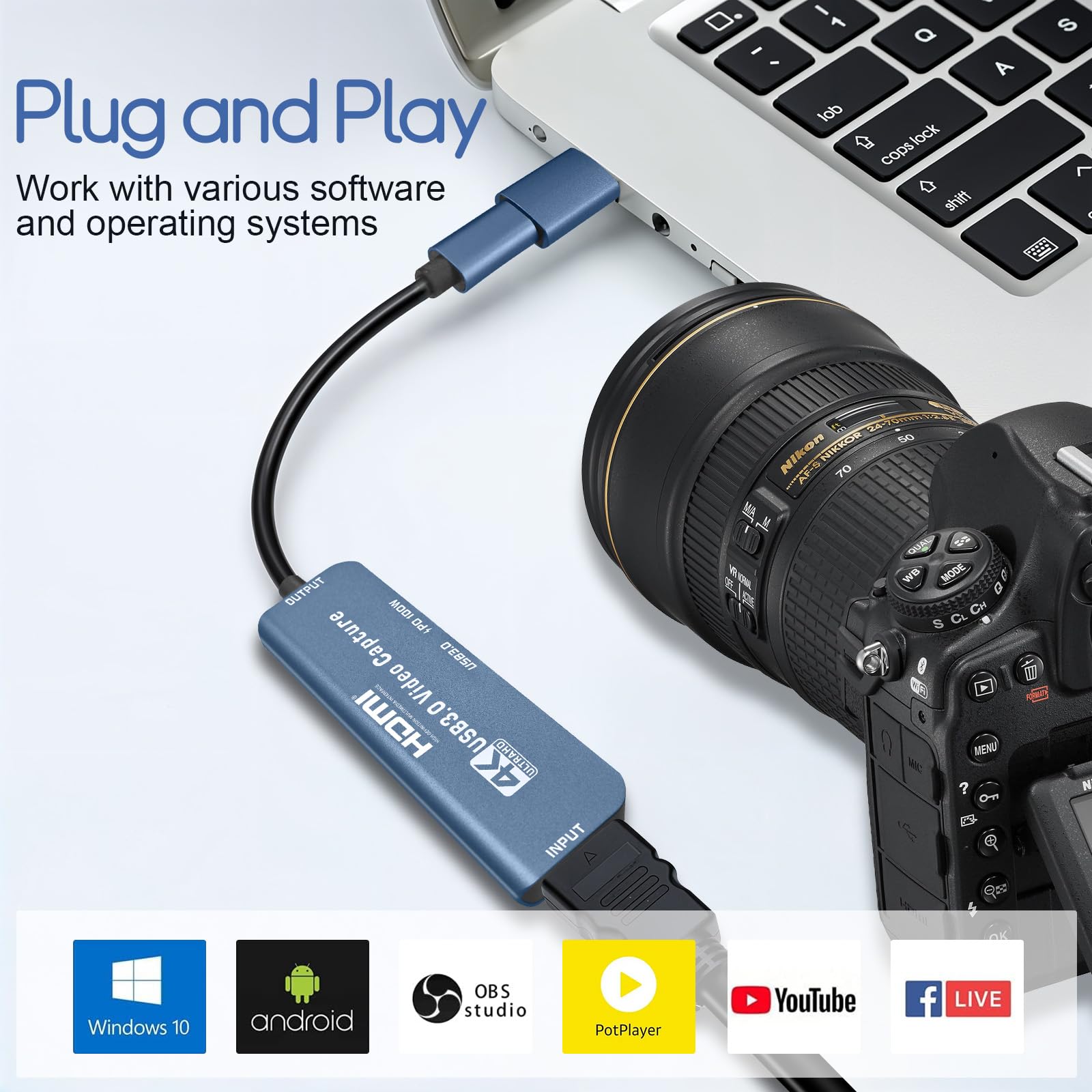 Dispositivo de captura de video con tarjeta de captura HDMI con conector dual USB/tipo C/PD de 100 W de carga/puerto OTG USB 3.0, adaptador de grabación de transmisión HDMI para Quest 3, Switch, PS5/4