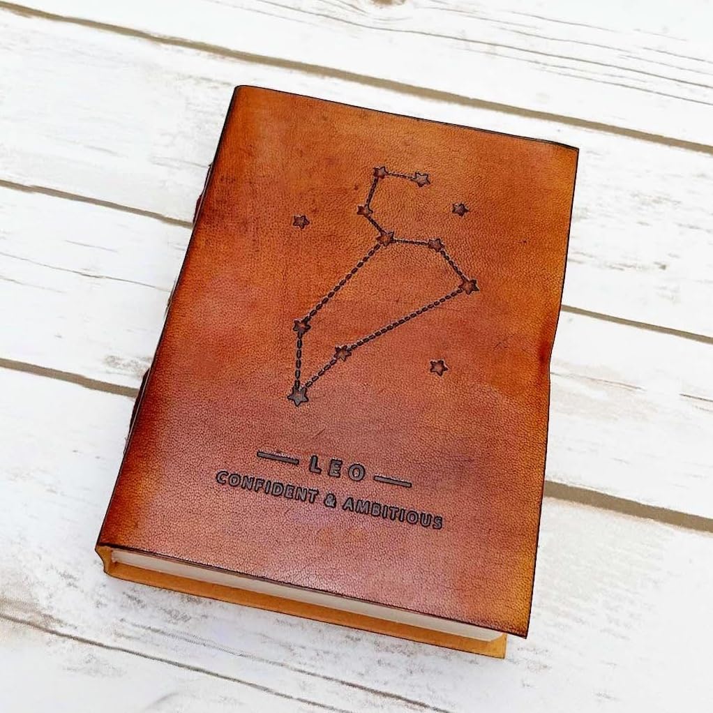 Soothi Zodiac Handmade Antique Leather Journal for Travel or Diary, Unlined, Leo, 7''x5''