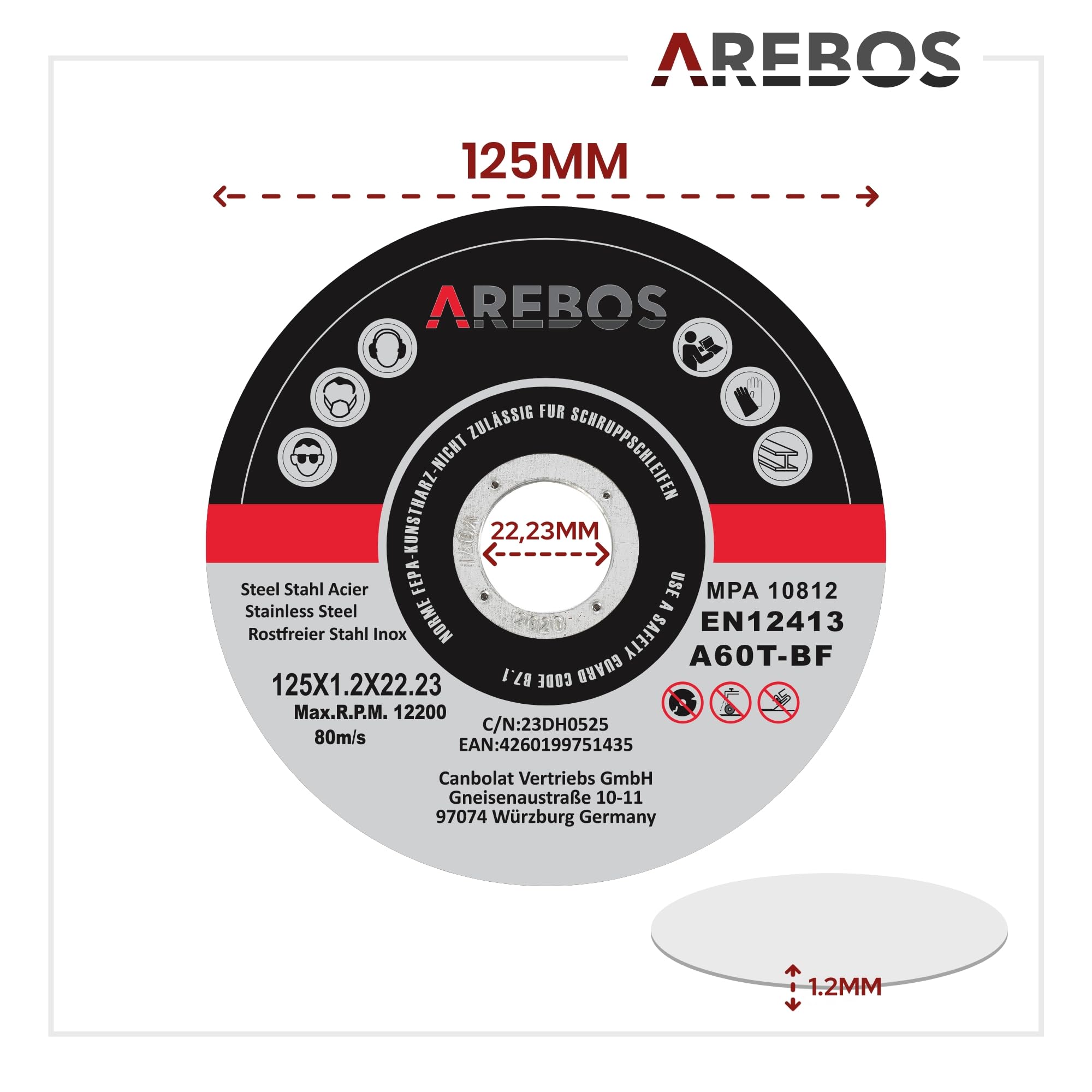 Arebos 200x 125 mm Meule à tronçonner | Fer, Métal, Acier, Inox, Aluminium (125 x 1,0 x 22,2 mm) Disques à tronçonner 125 pour Meuleuse d'Angle