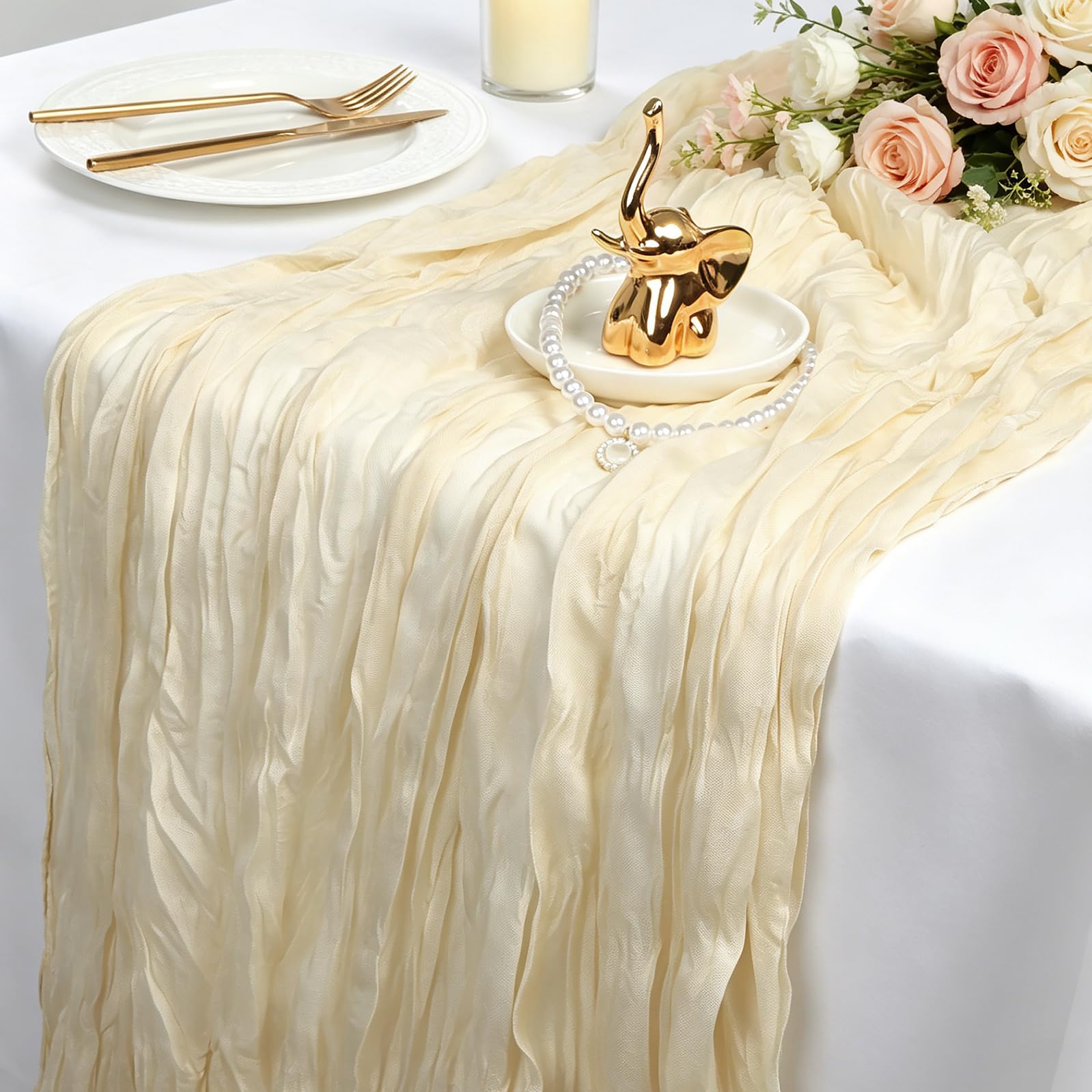 Minicoco 2 Pack Cheesecloth Table Runner,10FT Boho Gauze Sheer Crinkle Table Runner,Soft Lightweight Pre-Wrinkled Fabric for Wedding,Bridal Shower,Birthday Party,Dining Table Home Decor (Beige)