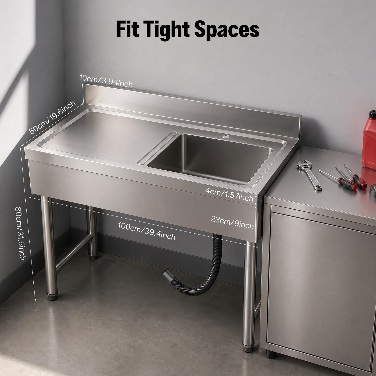 Lavello in Acciaio Inox Acciaio Inox Lavello da Cucina 100x50x80cm Lavello Da Cucina Indipendente Capacità di Carico di 150kg Lavandino da Esterno Regolazione Dell'altezza da 1-3 cm