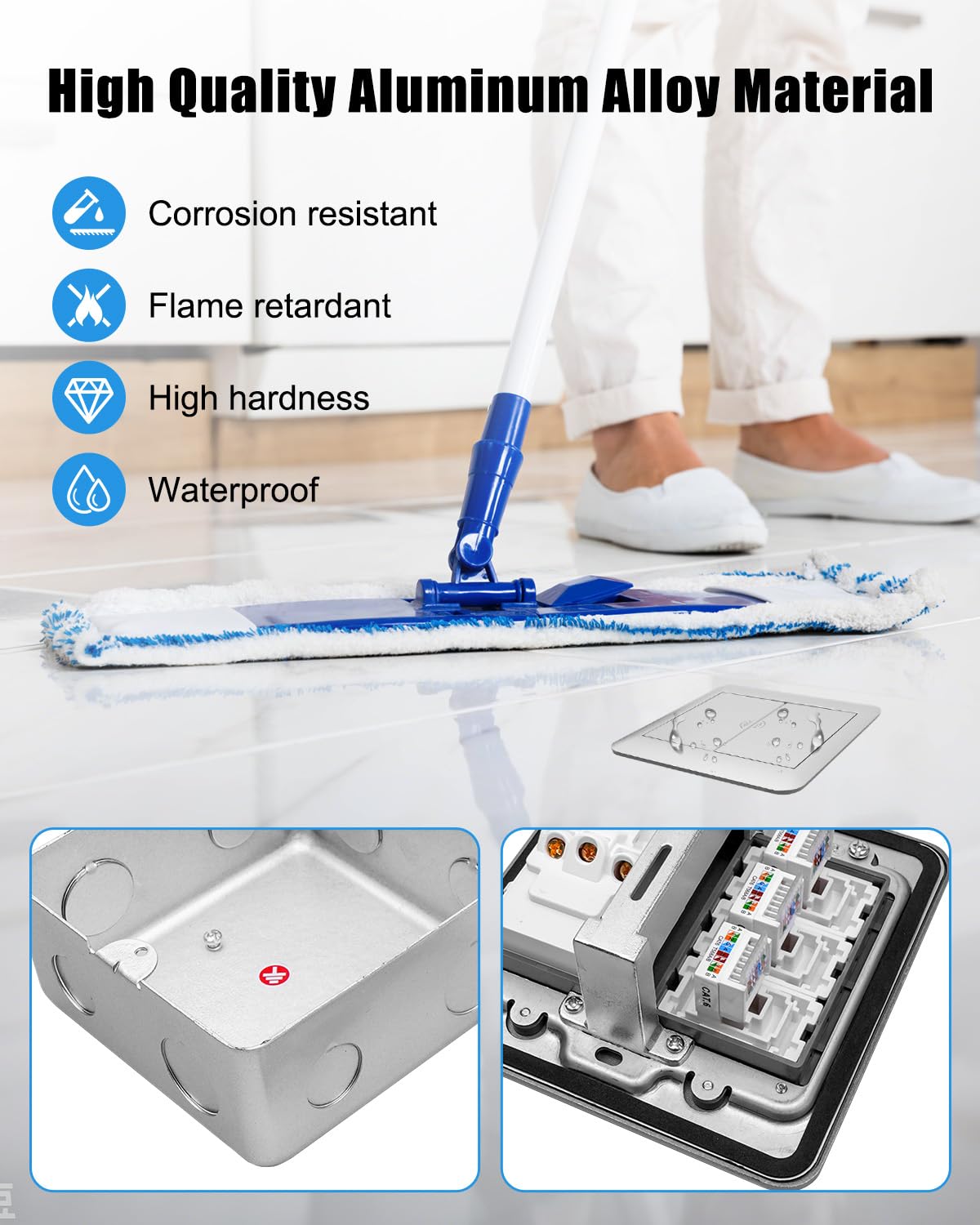 Recessed Floor Outlet Kit with 2 Power Outlets and 3 RJ45 Ports, Aluminum Alloy Floor Receptacle with Cover Plate, 2-Gang Recessed Electrical Outlet for Concrete Floors – Commercial and Industrial Use