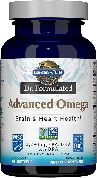 Garden of Life Dr. Formulated Advanced Omega Fish Oil - Lemon, 1,290mg EPA, DHA + DPA in Triglyceride Form, Single Source Omega 3 Supplement for Ultimate Brain & Heart Health, Non-GMO, 60 So