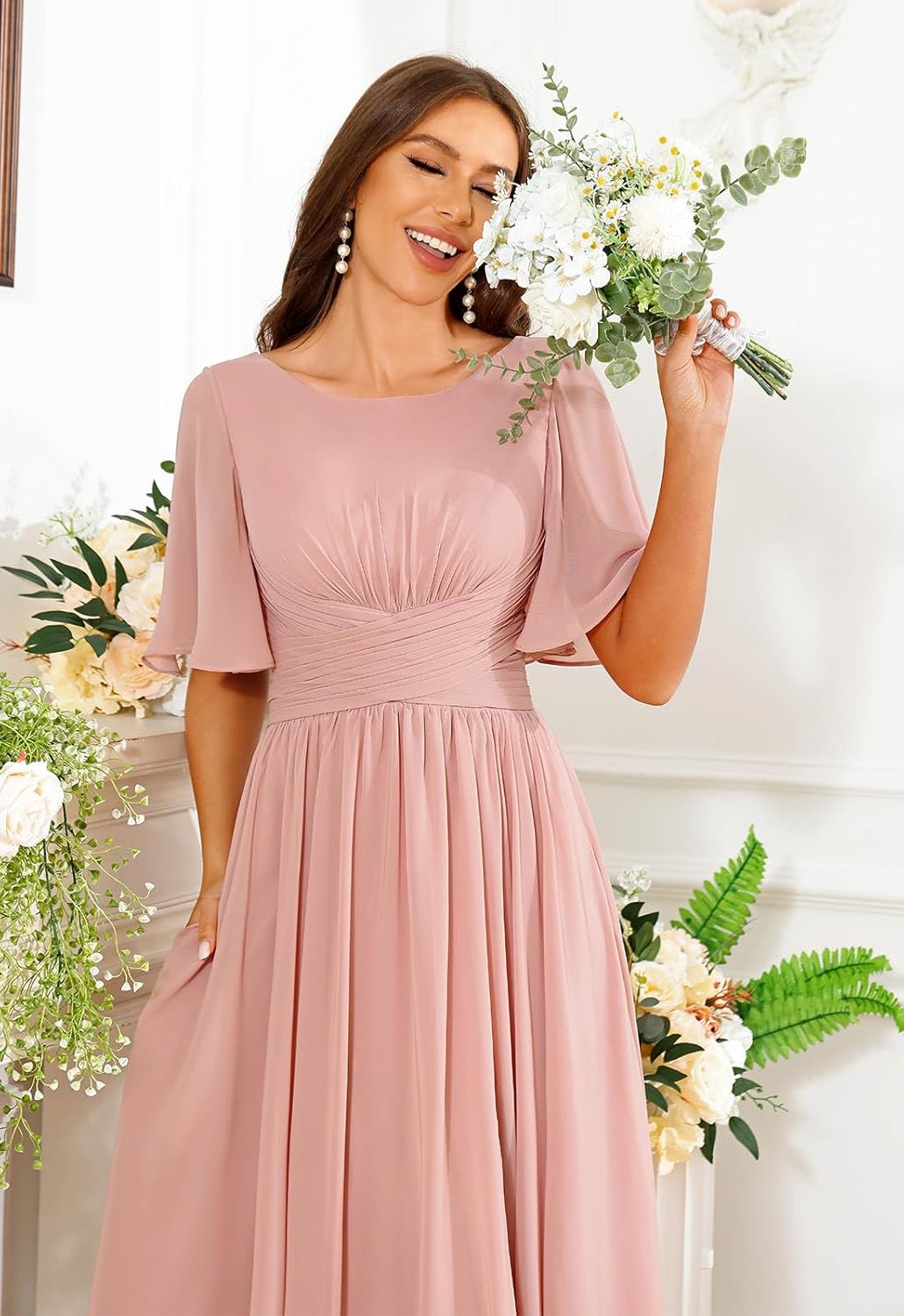 A Line Chiffon Bridesmaid Dresses Long Formal Evening Party Gown with Sleeves Slit - Image 7