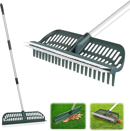 Miniatura 8 de ORIENTOOLS Rastrillo de césped artificial, rastrillo de césped curvado con mango de acero ajustable de 4 secciones de 30 a 53 pulgadas, cepillo