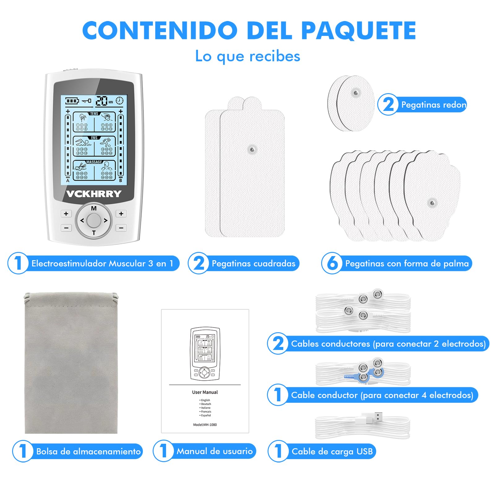 Electroestimulador Muscular 3 en 1 TENS EMS Masaje Electrodos con 36 Programas 2 Canales 10 Electrodos TENS 20 Niveles de Intensidad para Muscular Relajación