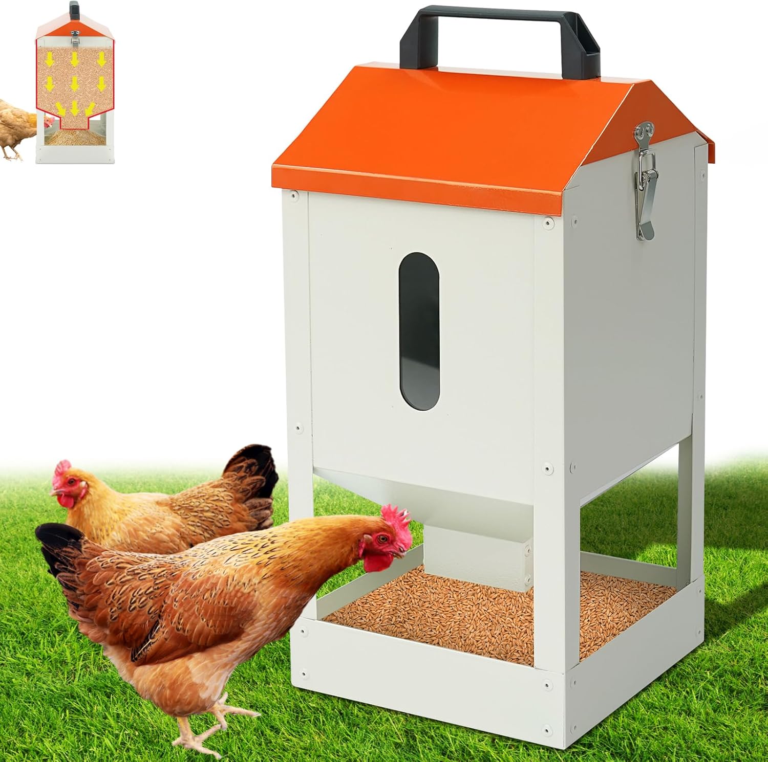 Galvanized Wall Mount Chicken Feeder No Waste Hanging Chicken Feeder with Lid Metal Automatic Poultry Feeder Trough Food Dispenser No Spill Mess Free for Chicken Duck Quail Geese Turkey