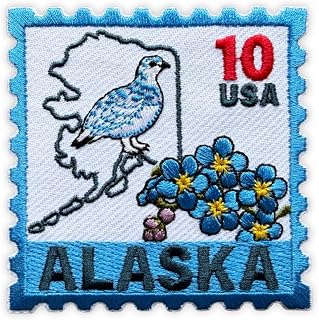 314PI Alaska Postage Stamp Embroidery Patch, Size 3" Vintage Forget-Me-Not Flower & Willow Ptarmigan Bird State Map Patch, Iron on Patch for Backpack Clothes Accessories,Aesthetic Travel Souvenir Gift