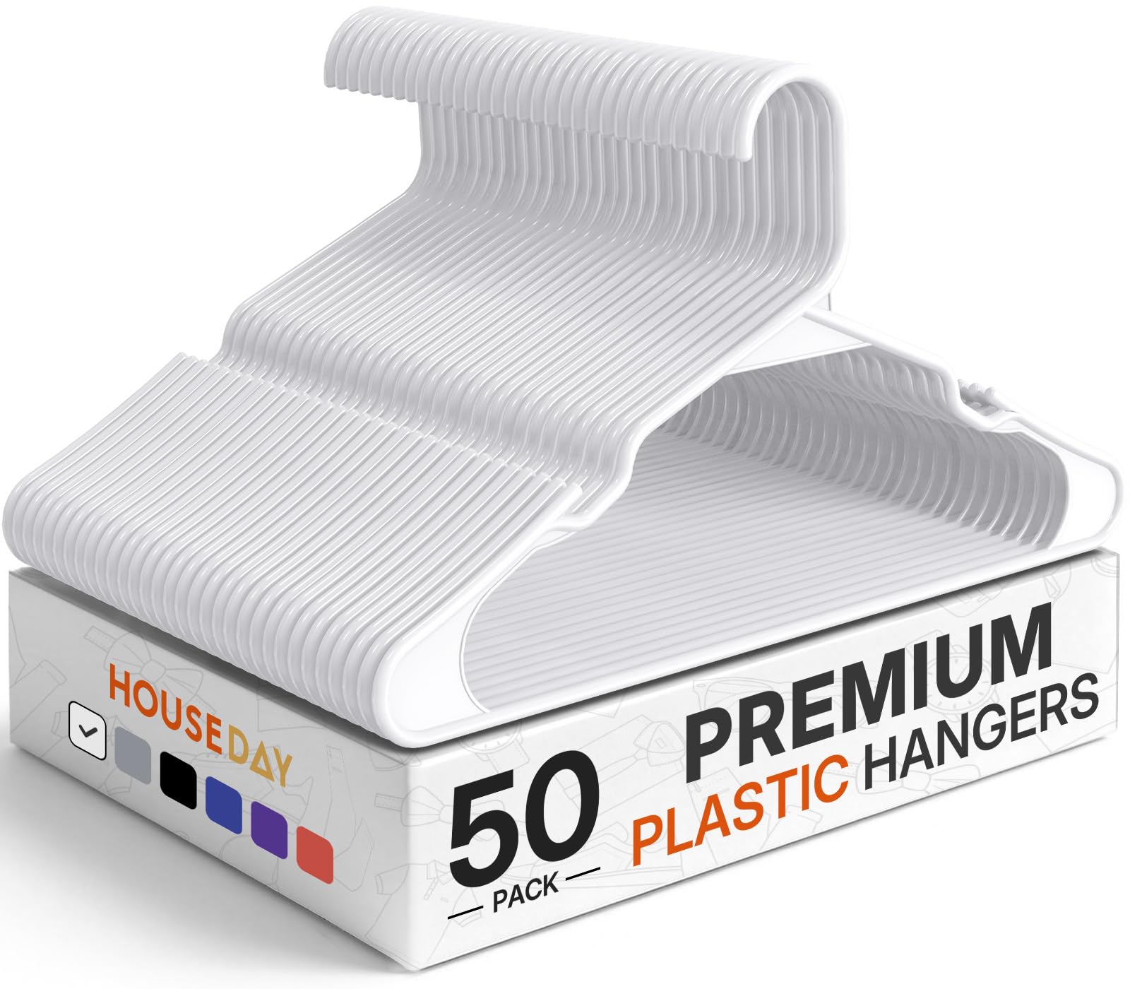 HOUSE DAY Plastic Hangers 50 Pack - White Clothes Hangers with Non-Slip Shoulder Grooves, Durable and Sturdy Coat Hanger, Space Saving Slim Design Perfect for Closet Organizers and Storage