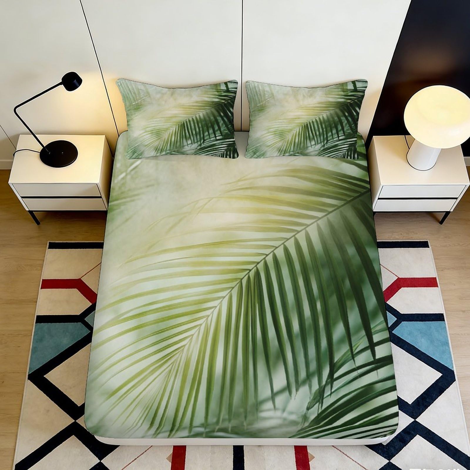 3D Printed Green Palm Leaf Fitted Sheet Microfiber Soft Breathable Tropical Leaves Mattress Cover for Bedroom Dormitory Guest Room Protection Decor 120x200x25cm