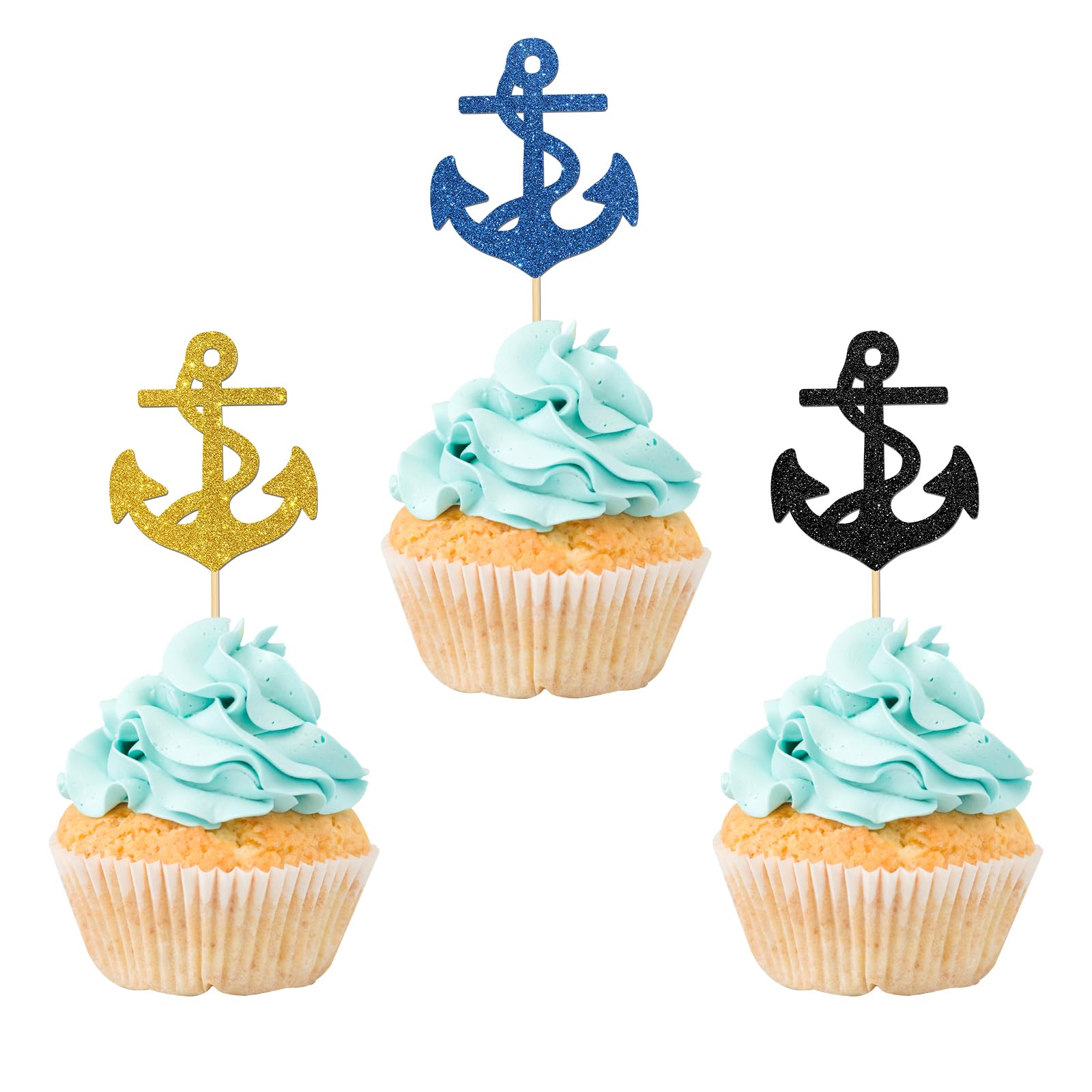 Maicaiffe 24Pcs Nautical Themed Cupcake Toppers, Anchor Sign Cupcake Toppers, Birthday, Baby Shower, Wedding Party Dessert Decors, Ocean Sailor Party Decorations