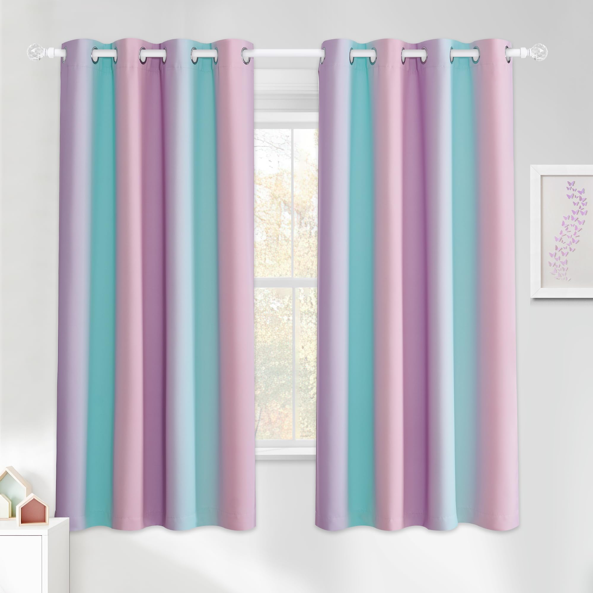 NICETOWN Gradient Colorful Rainbow Printed Blackout Curtains, Ombre Drapes for Kids Bedroom Grommet Thermal Insulated Window Treatment Curtains, 2 Panels, 52 x 63 inch, Purple & Blue & Pink