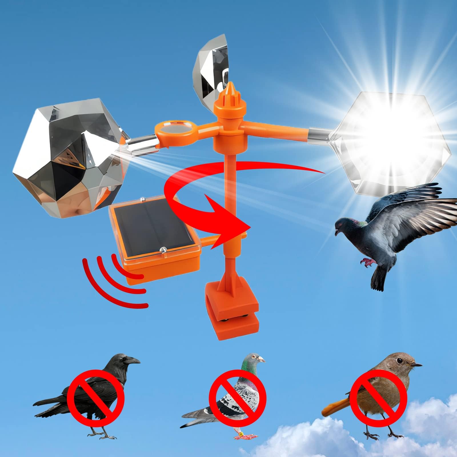 QMCAHCE Reflect-a-Bird Deterrent with Solar Voice Scarer, Rhombic Polygon Reflect Bird Deterrent, 360° Wind Driven Flash Bird Repellent, Anti Bird Defender, Scary Bird Away for Garden, Yard, Rooftop