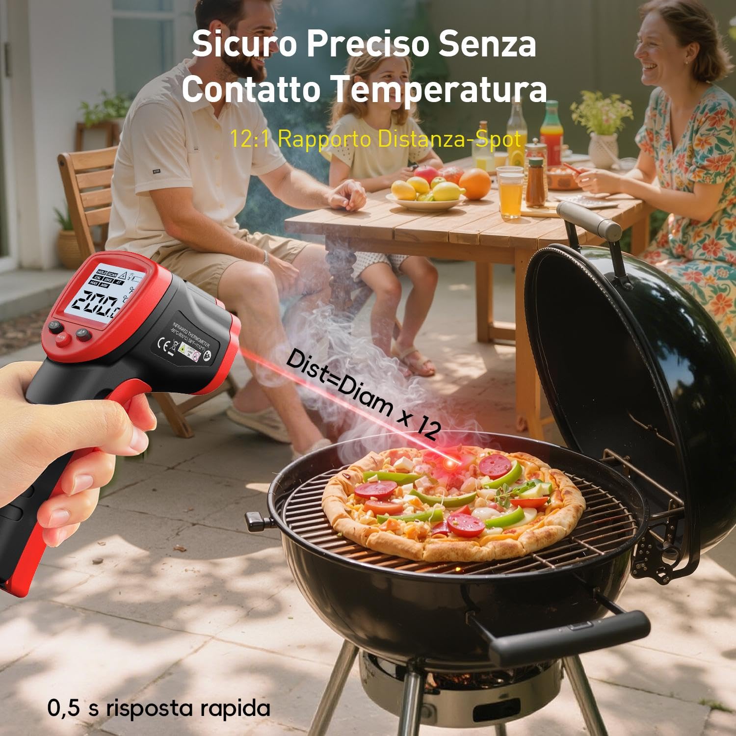 Eventek Termometro Cucina, -50 °C~600 °C (-58 °F~1112 °F) Termometro Infrarossi sonda per 304 Carne, Termometro Laser Senza Contatto Emissività Regolabile 0.1-1.0, Termometro per Cucina, Forno Pizza