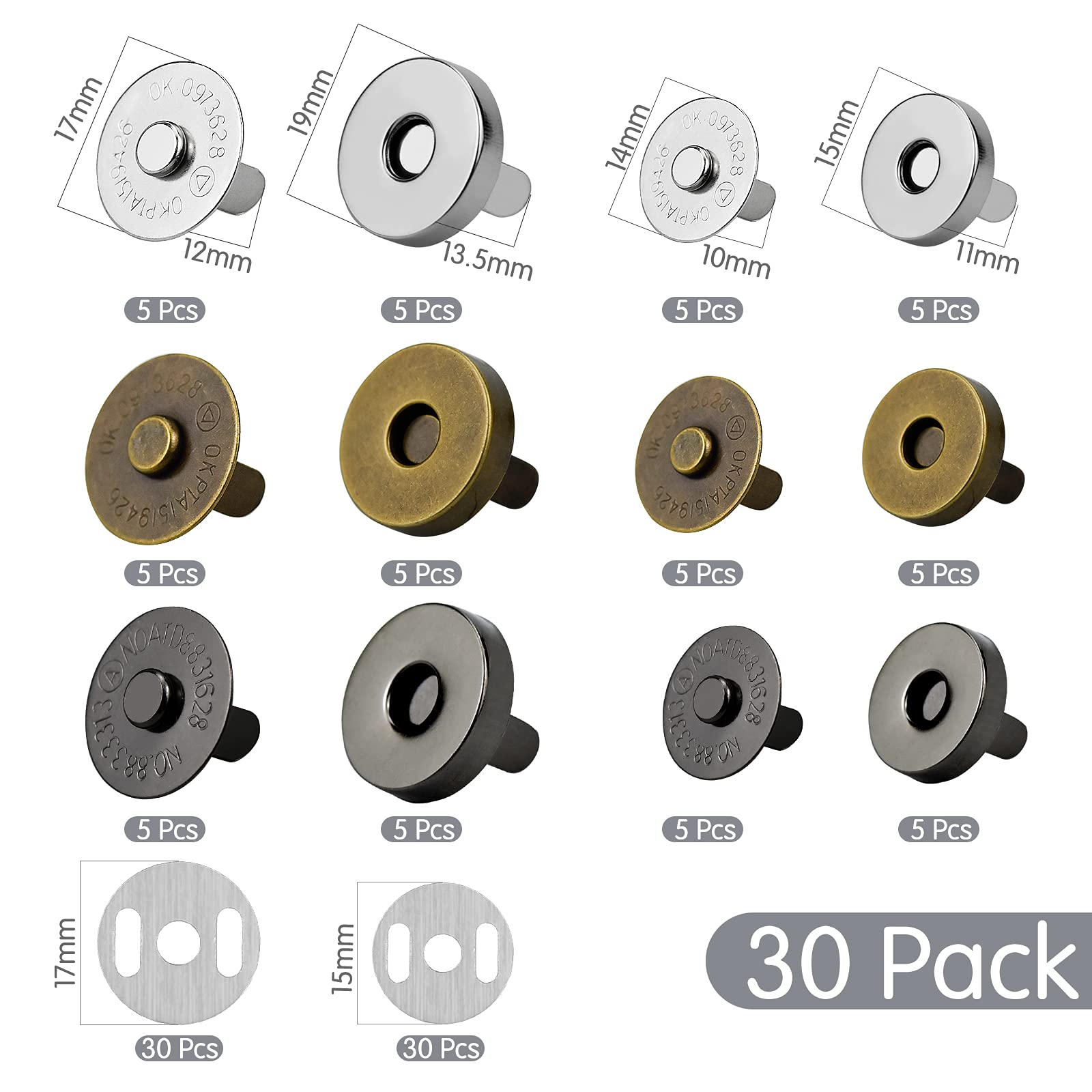 Bottoni Magnetici 14mm 30 Set Chiusura Magnetica Per Borse