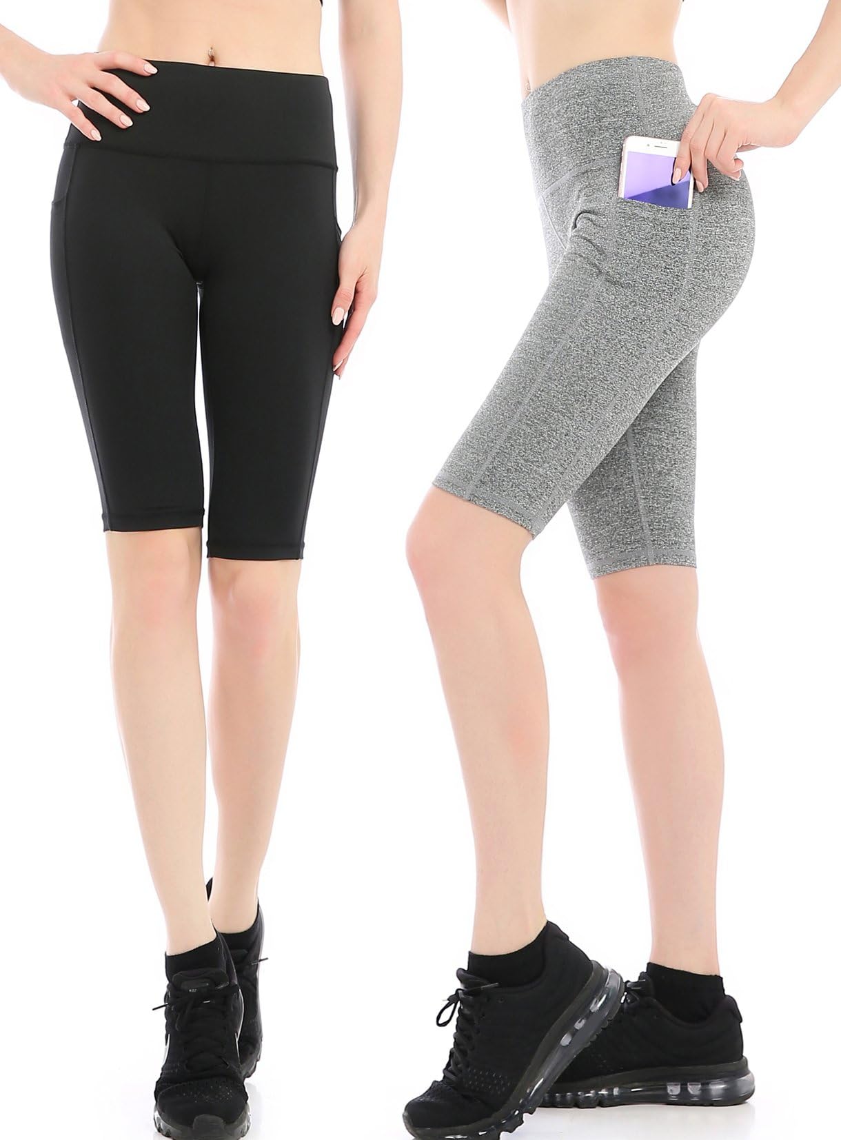 Women's High Waist Tummy Control Yoga Running Workout Leggings Sports Shorts Side Pockets (Pack of 2 - Black & Grey)