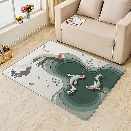 Miniatura 2 de Alfombra japonesa de 5 x 8 pies, alfombra japonesa de peces Koi para dormitorio, sala de estar, alfombra grande con patrón de estilo asiático,