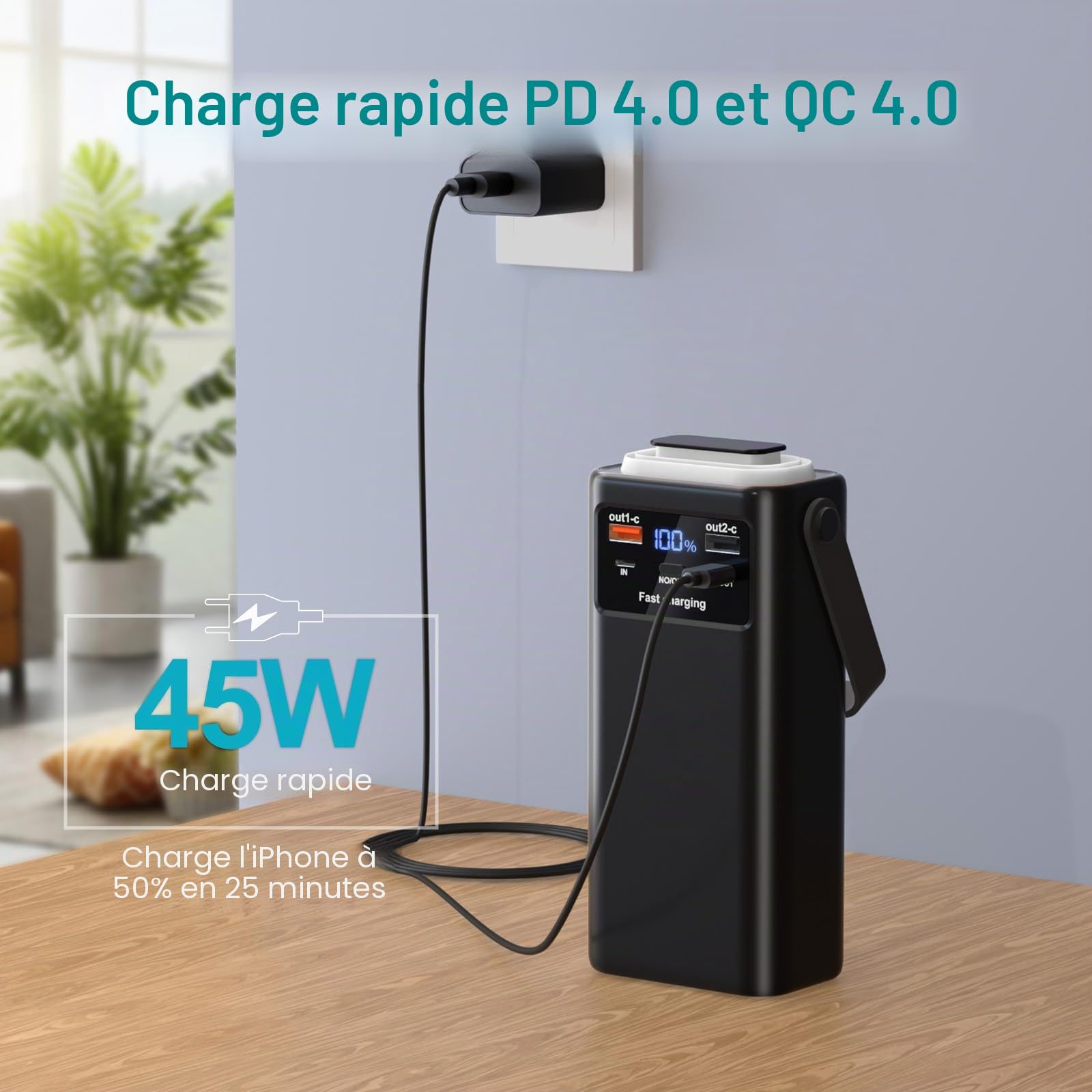 60000mAh Batterie Externe Power Bank PD45W Charge Rapide Chargeur Externe avec 4 Câble Intégré 7 Sorties,USB C Grosse Batterie Portable avec Lampe de Poche & Affichage LED pour Smartphones Camping